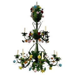 Pair of Double Tiered Italian Tole Chandeliers with Floral Motif, Sold Individua