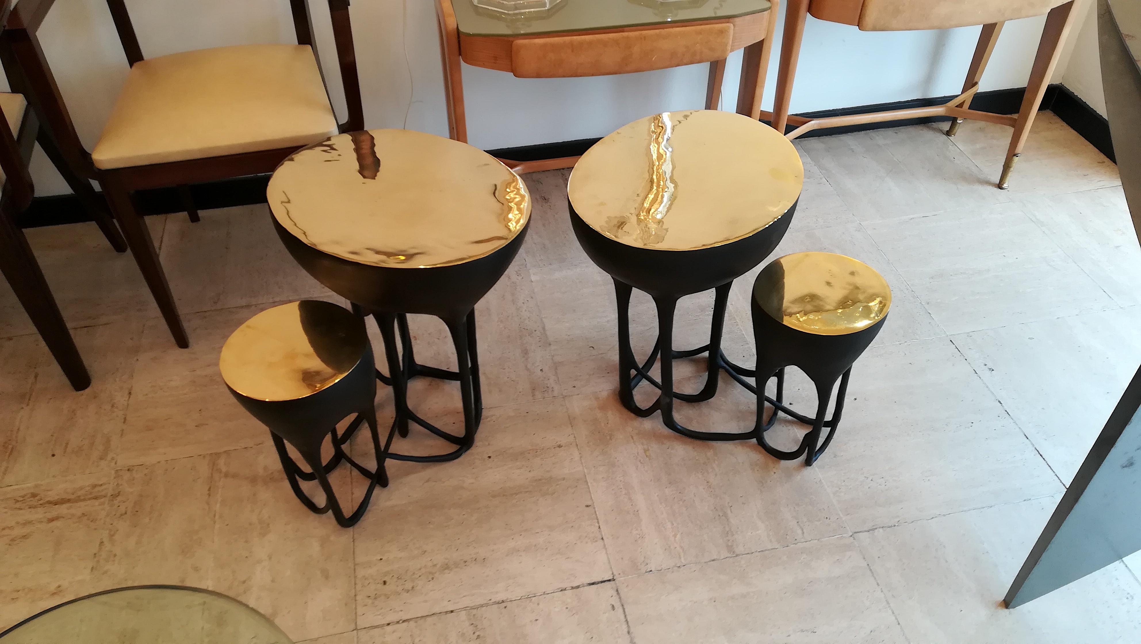 Pair of double top bronze side tables, black patina except the top natural bronze.
Can be sold separately on request.