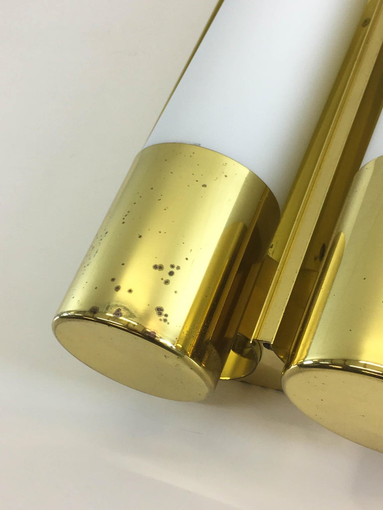 Pair of Double Wall Lights / Lamps, Scones, Glashütte Limburg, Brass and Opaline For Sale 4