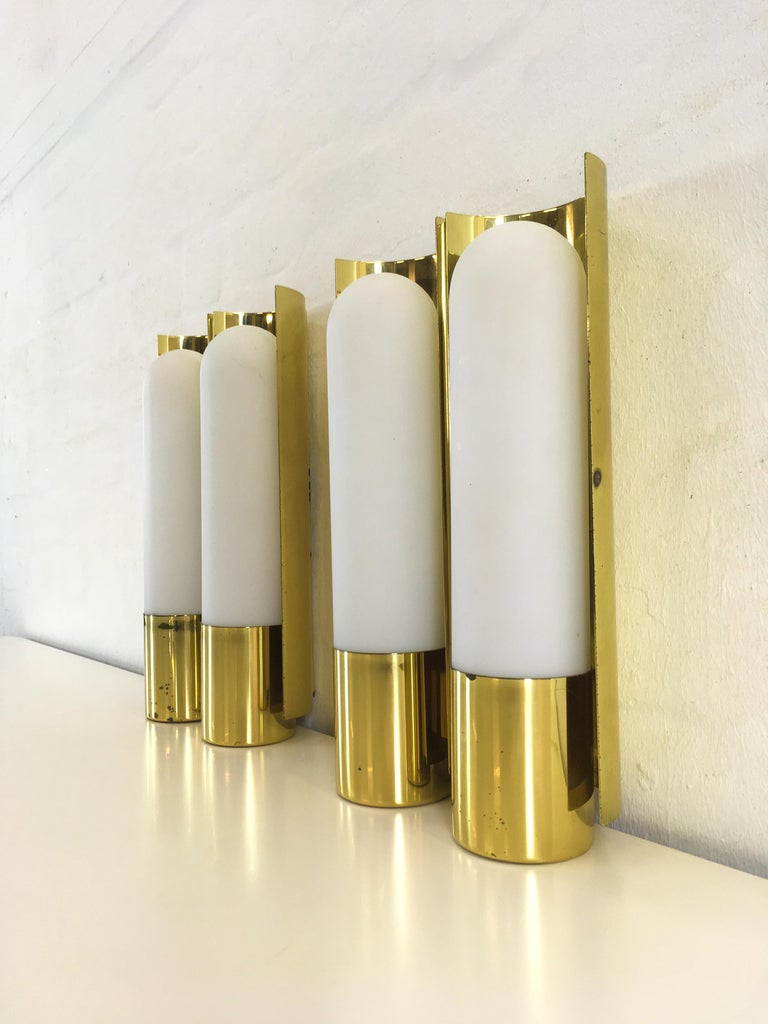 Bauhaus Pair of Double Wall Lights / Lamps, Scones, Glashütte Limburg, Brass and Opaline For Sale