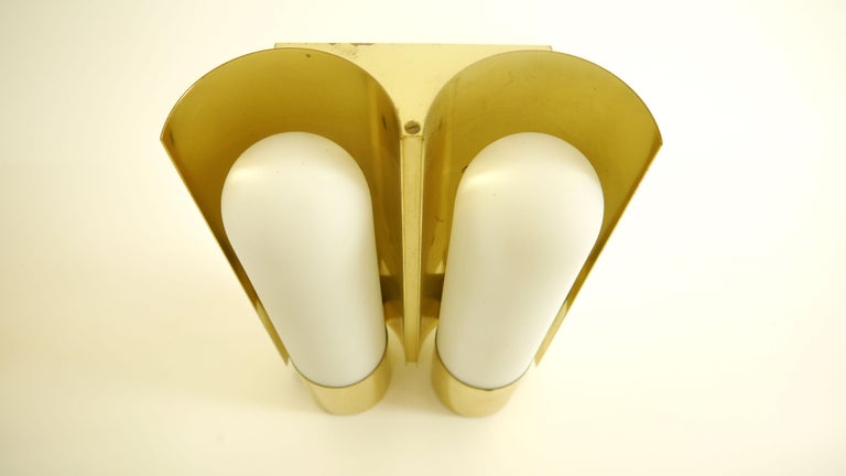 German Pair of Double Wall Lights / Lamps, Scones, Glashütte Limburg, Brass and Opaline For Sale
