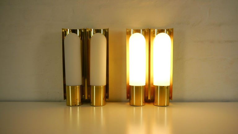 Glass Pair of Double Wall Lights / Lamps, Scones, Glashütte Limburg, Brass and Opaline For Sale