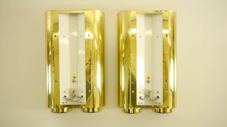 Pair of Double Wall Lights / Lamps, Scones, Glashütte Limburg, Brass and Opaline For Sale 2