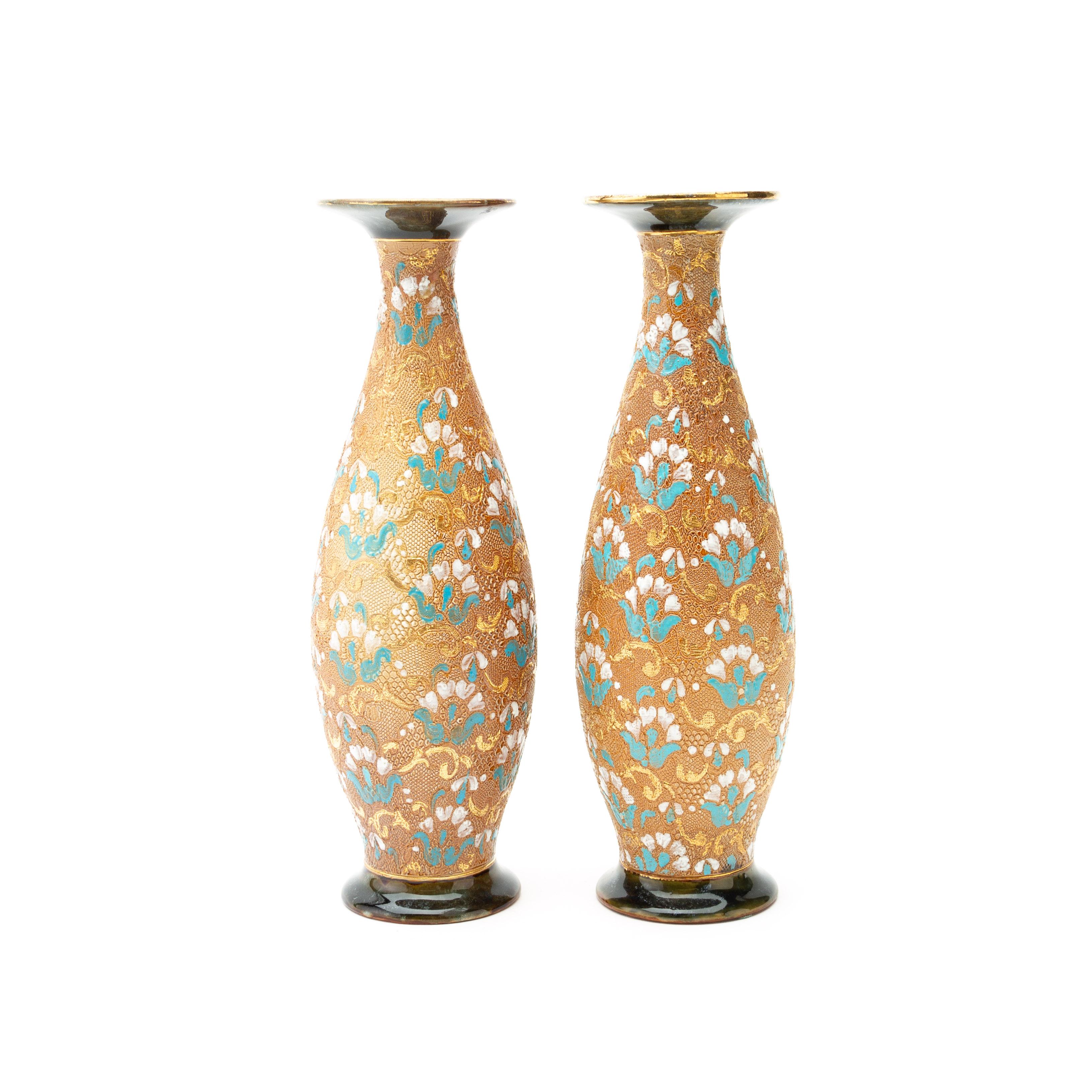 Pair of Doulton Lambeth Enamelled Stoneware Vases 19th Century In Good Condition In Nottingham, GB