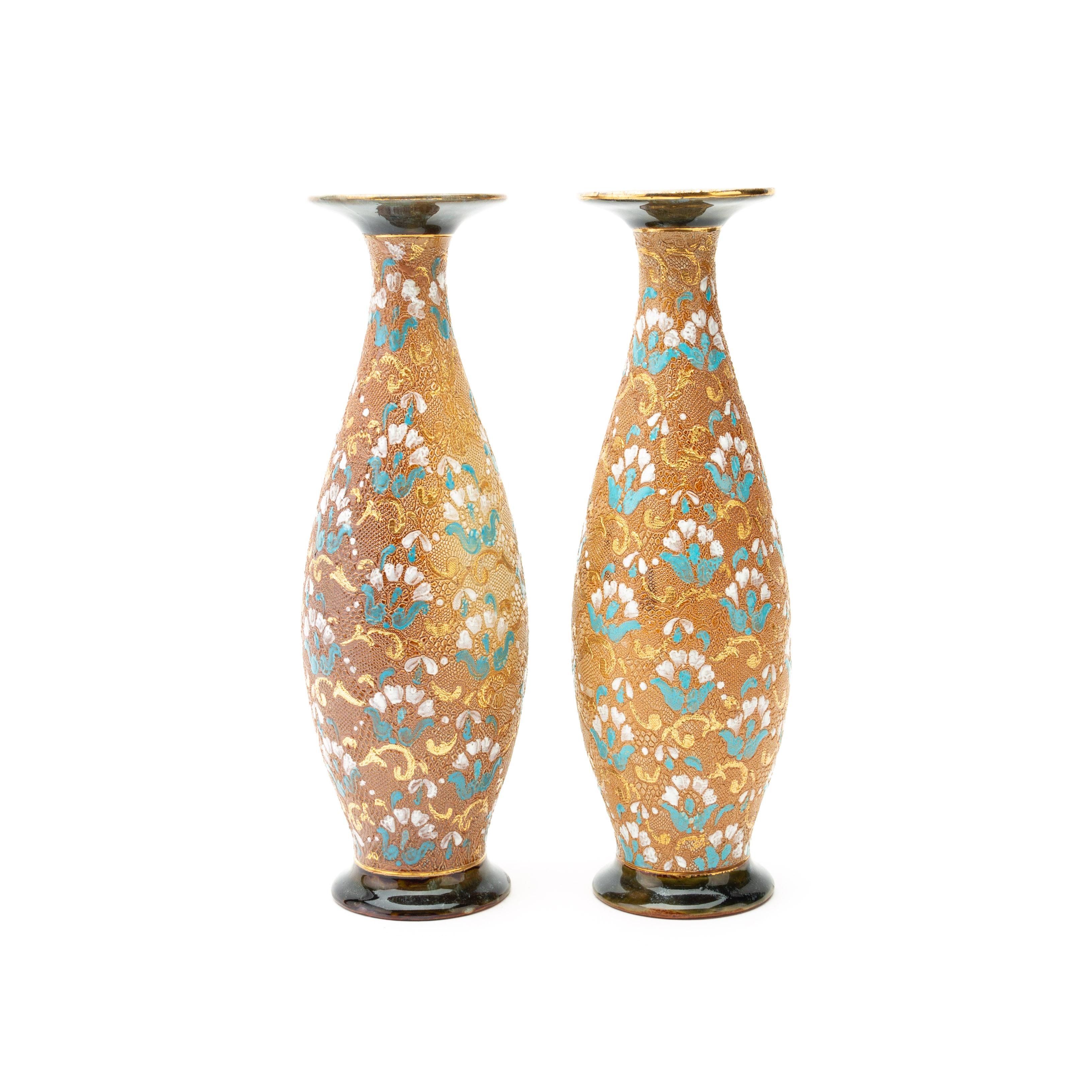 Pair of Doulton Lambeth Enamelled Stoneware Vases 19th Century 1