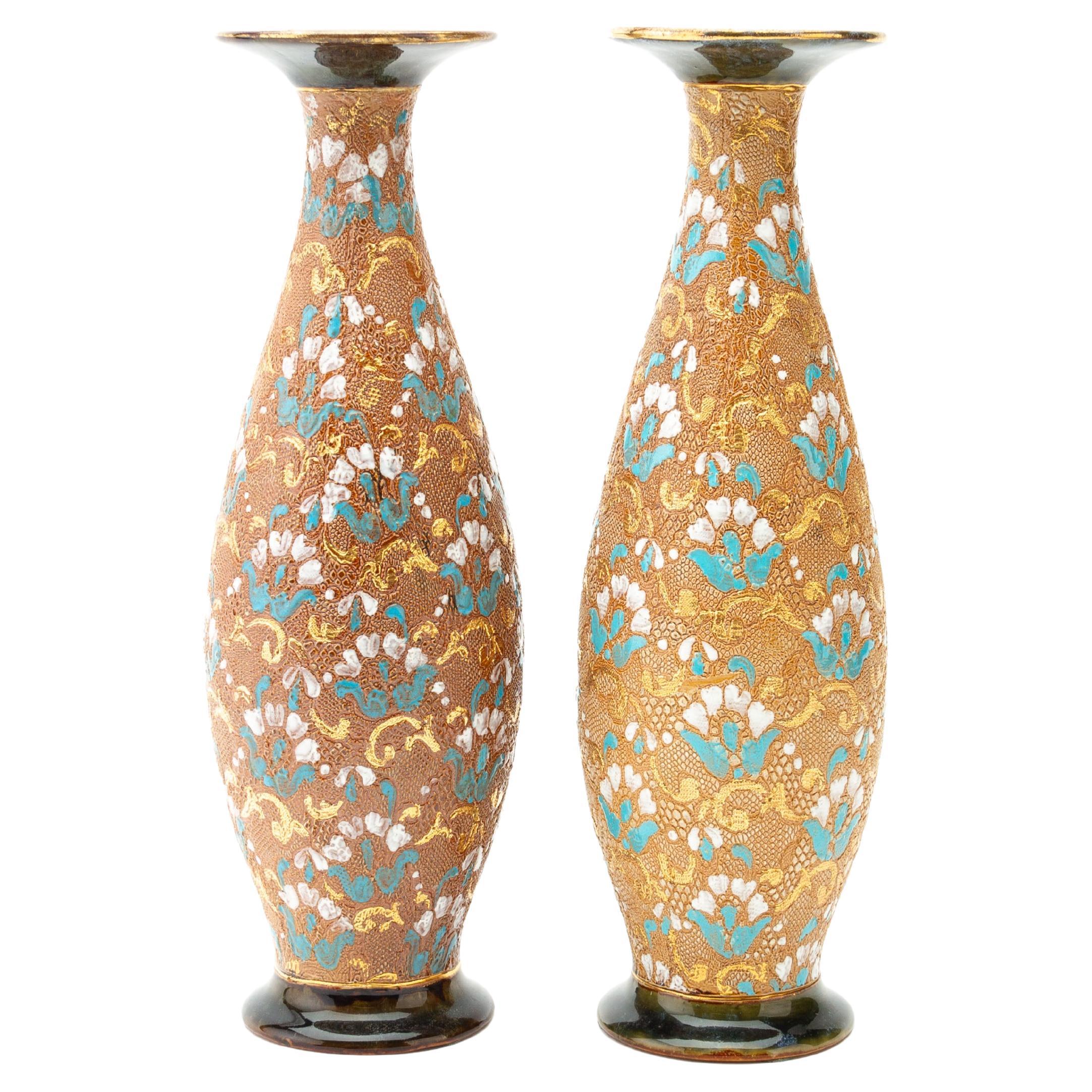 Pair of Doulton Lambeth Enamelled Stoneware Vases 19th Century