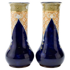 Antique Pair of Doulton Lambeth Enamelled Stoneware Vases 19th Century