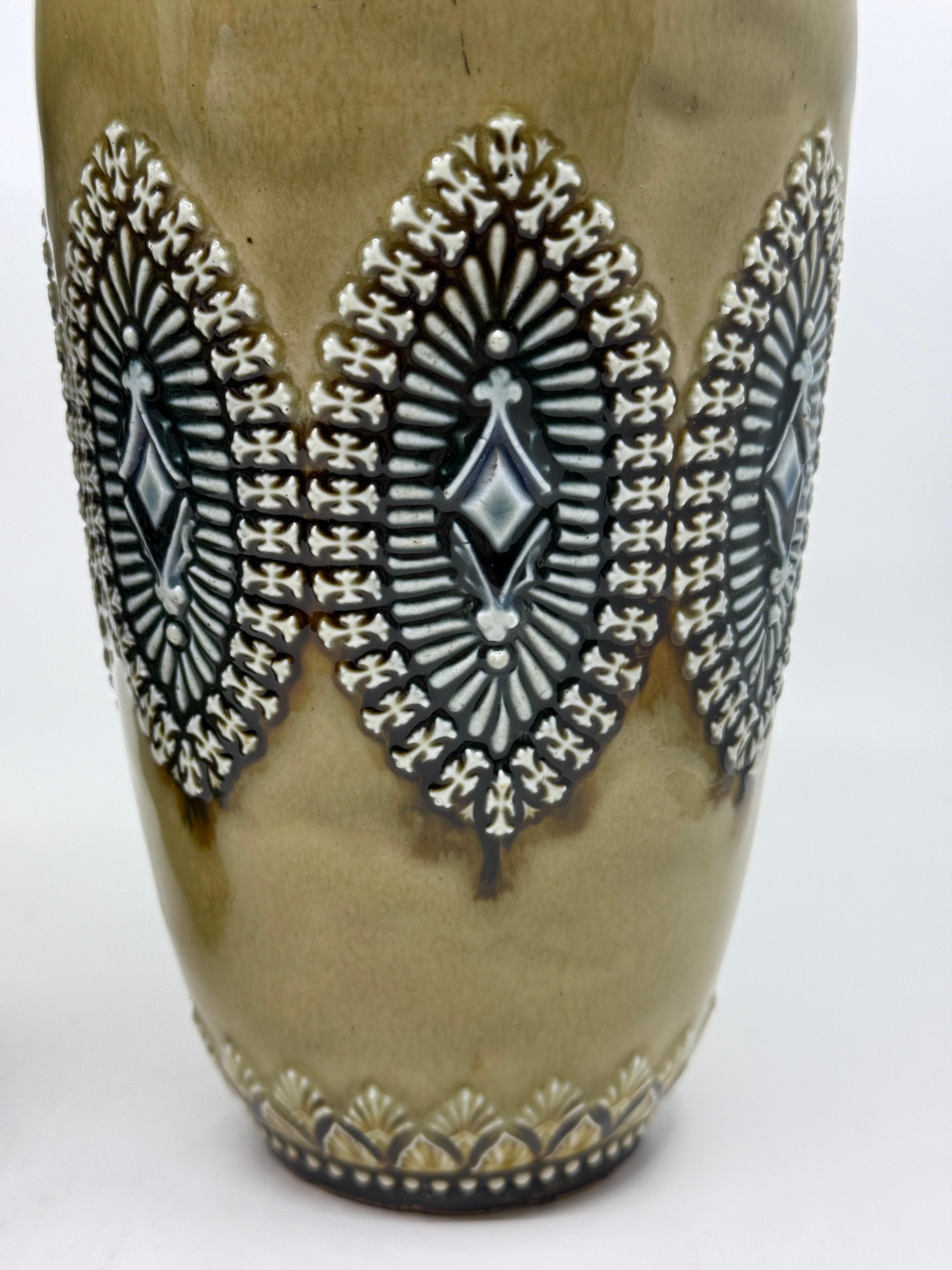 Fatto a mano Pair of Doulton Lambeth Salt Glazed Decorated Vases 1884 in vendita