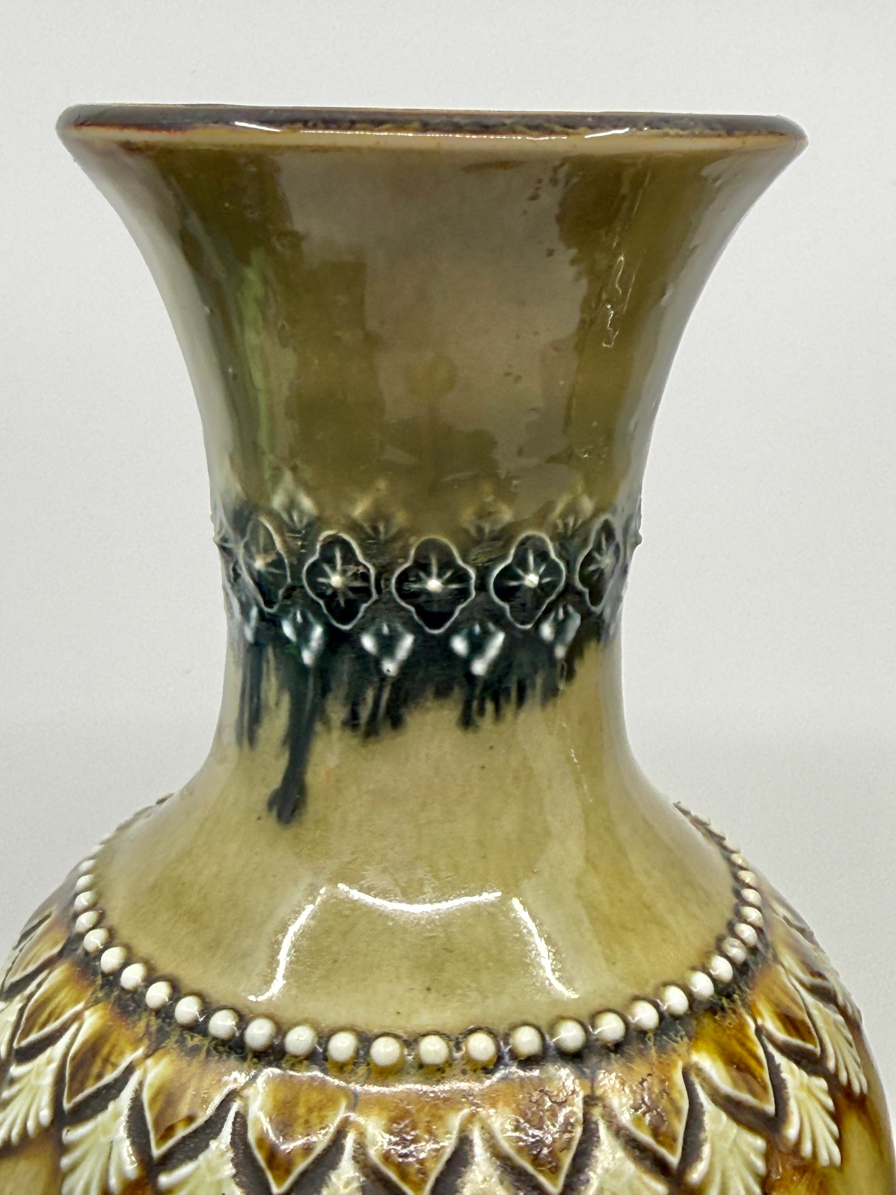 XIX secolo Pair of Doulton Lambeth Salt Glazed Decorated Vases 1884 in vendita