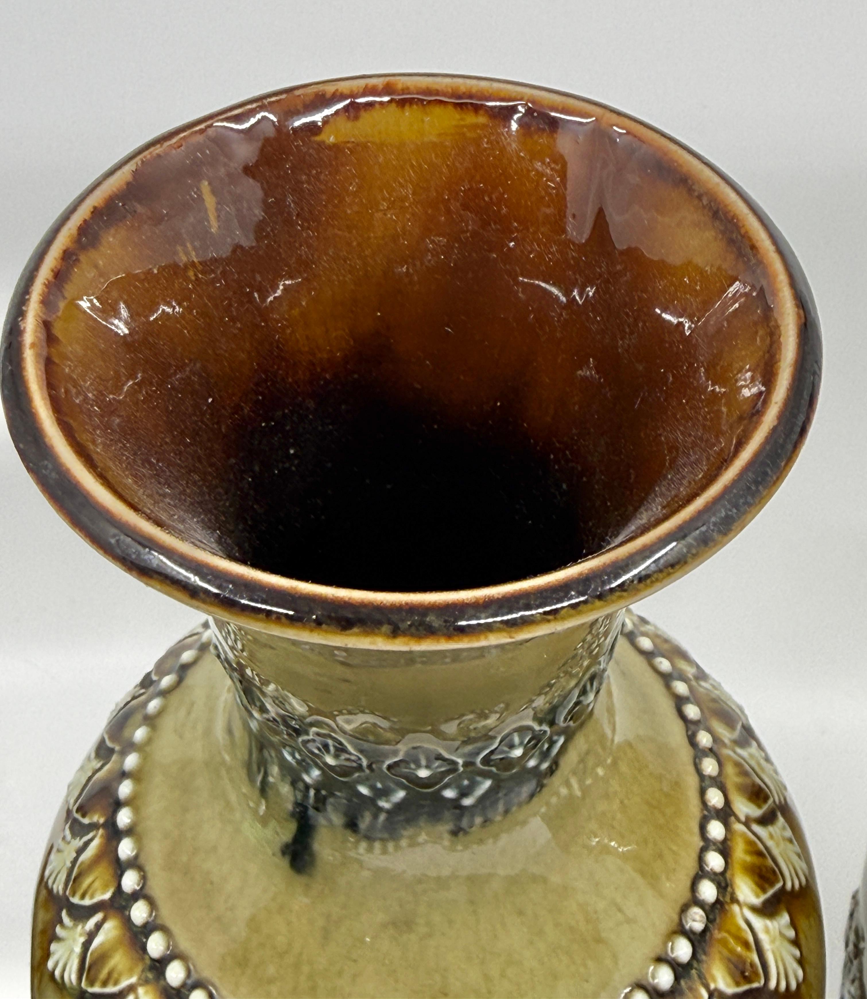 Terracotta Pair of Doulton Lambeth Salt Glazed Decorated Vases 1884 in vendita