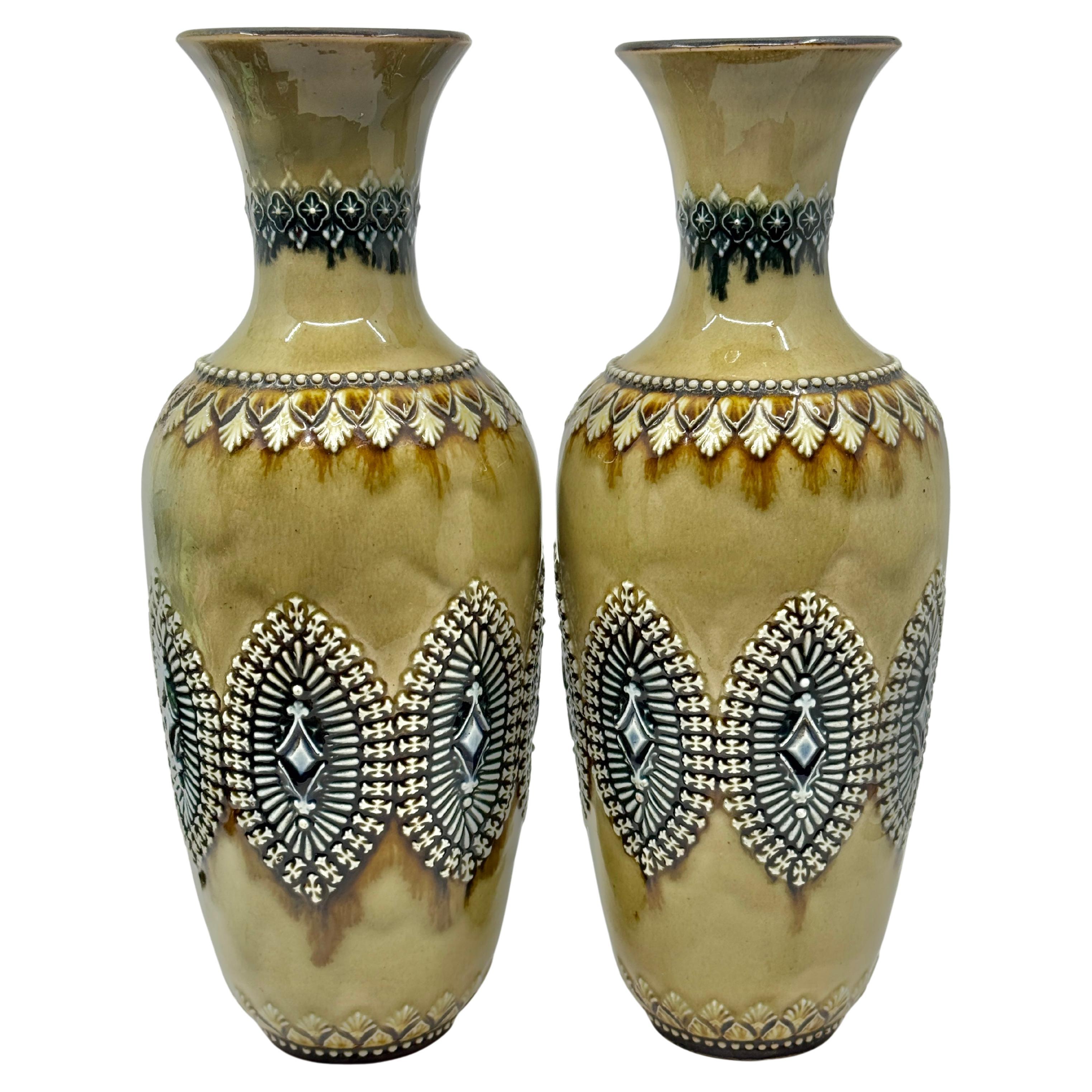Pair of Doulton Lambeth Salt Glazed Decorated Vases 1884