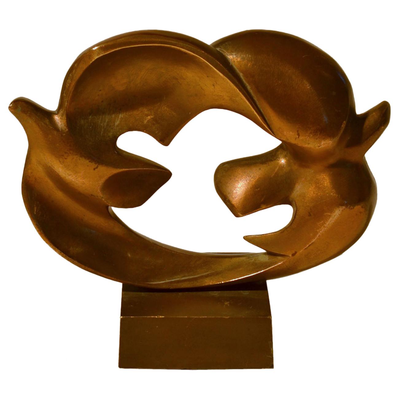 Pair of Doves Sculpture Cast Bronze, French by Coutelle, 1960s