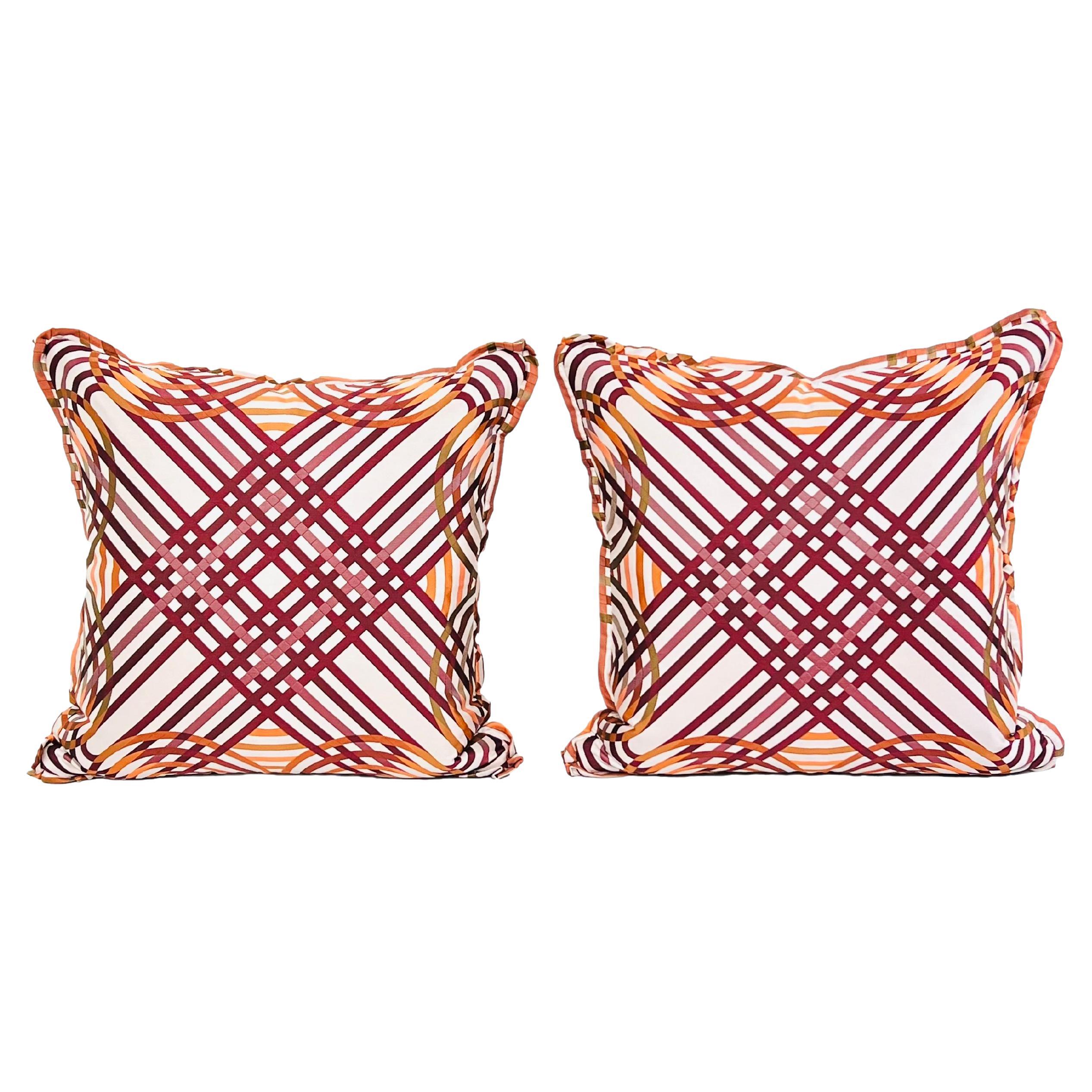 Pair of Down Pillows in Hermes Silk Spirographie Fabric For Sale