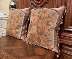 Pair of Down Pillows Made with 18th Century Aubusson Tapestry, Trim and Tassels