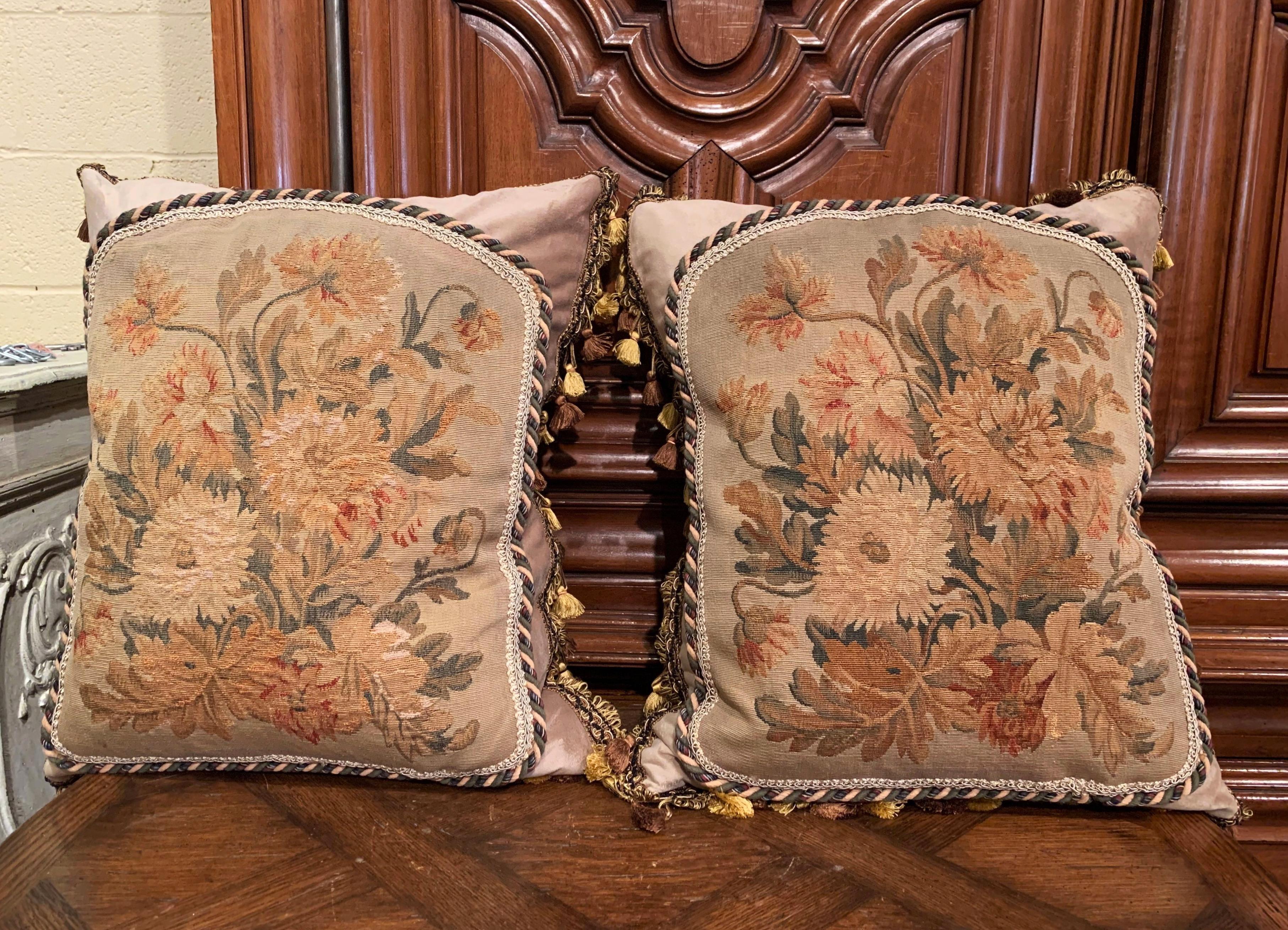 French Pair of Down Pillows Made with 18th Century Aubusson Tapestry, Trim and Tassels