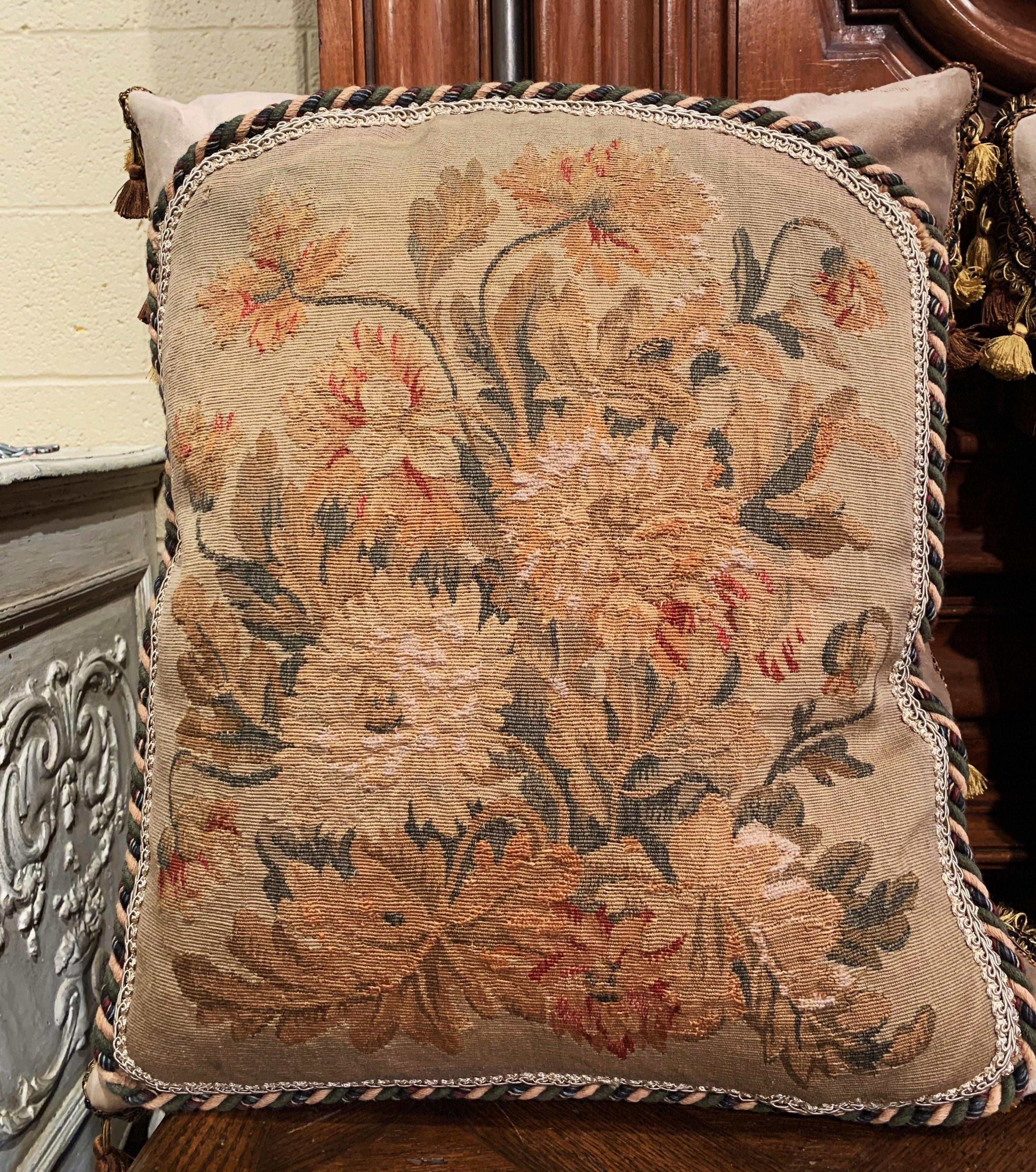 Hand-Crafted Pair of Down Pillows Made with 18th Century Aubusson Tapestry, Trim and Tassels