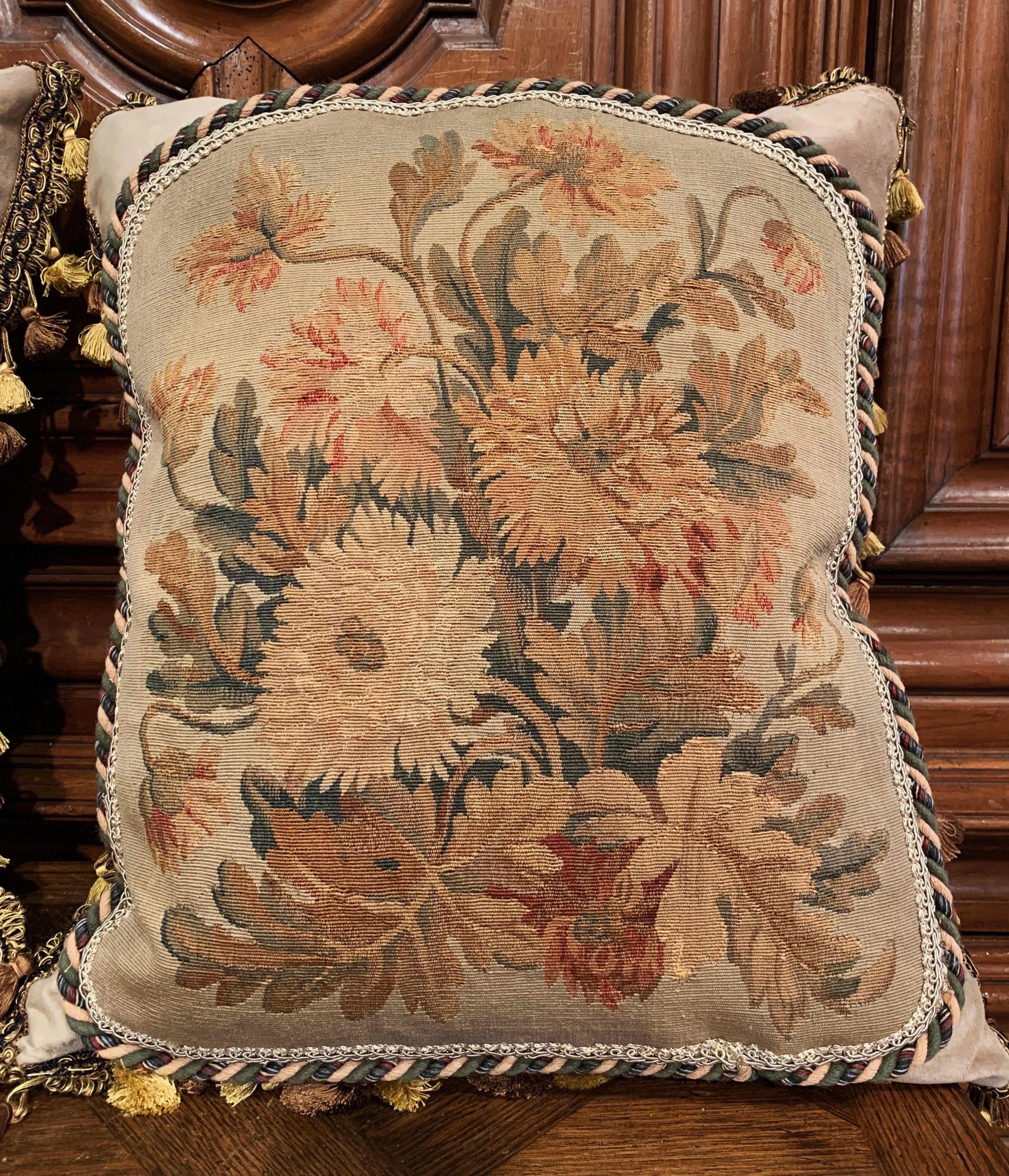 Pair of Down Pillows Made with 18th Century Aubusson Tapestry, Trim and Tassels In Excellent Condition In Dallas, TX