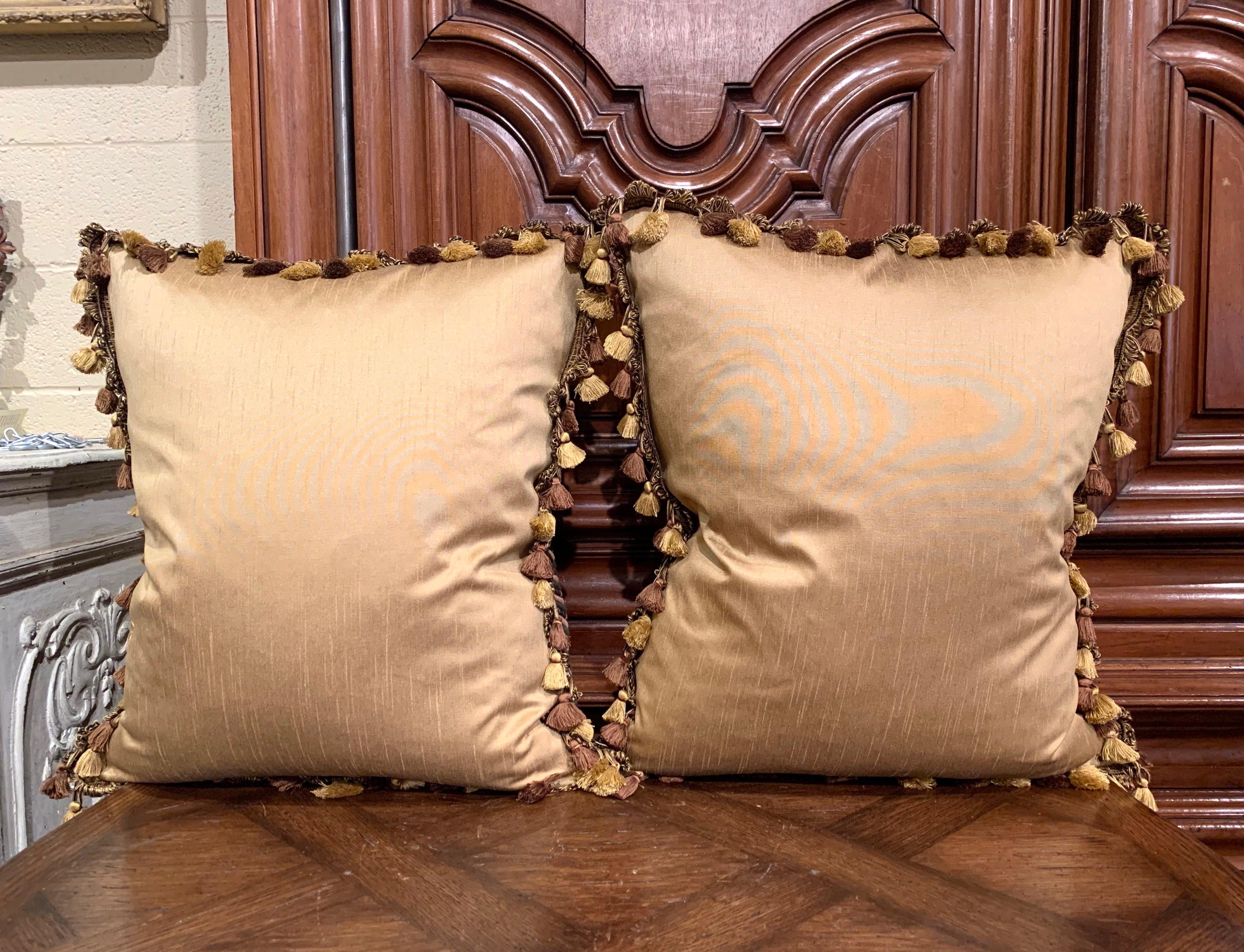 Velvet Pair of Down Pillows Made with 18th Century Aubusson Tapestry, Trim and Tassels