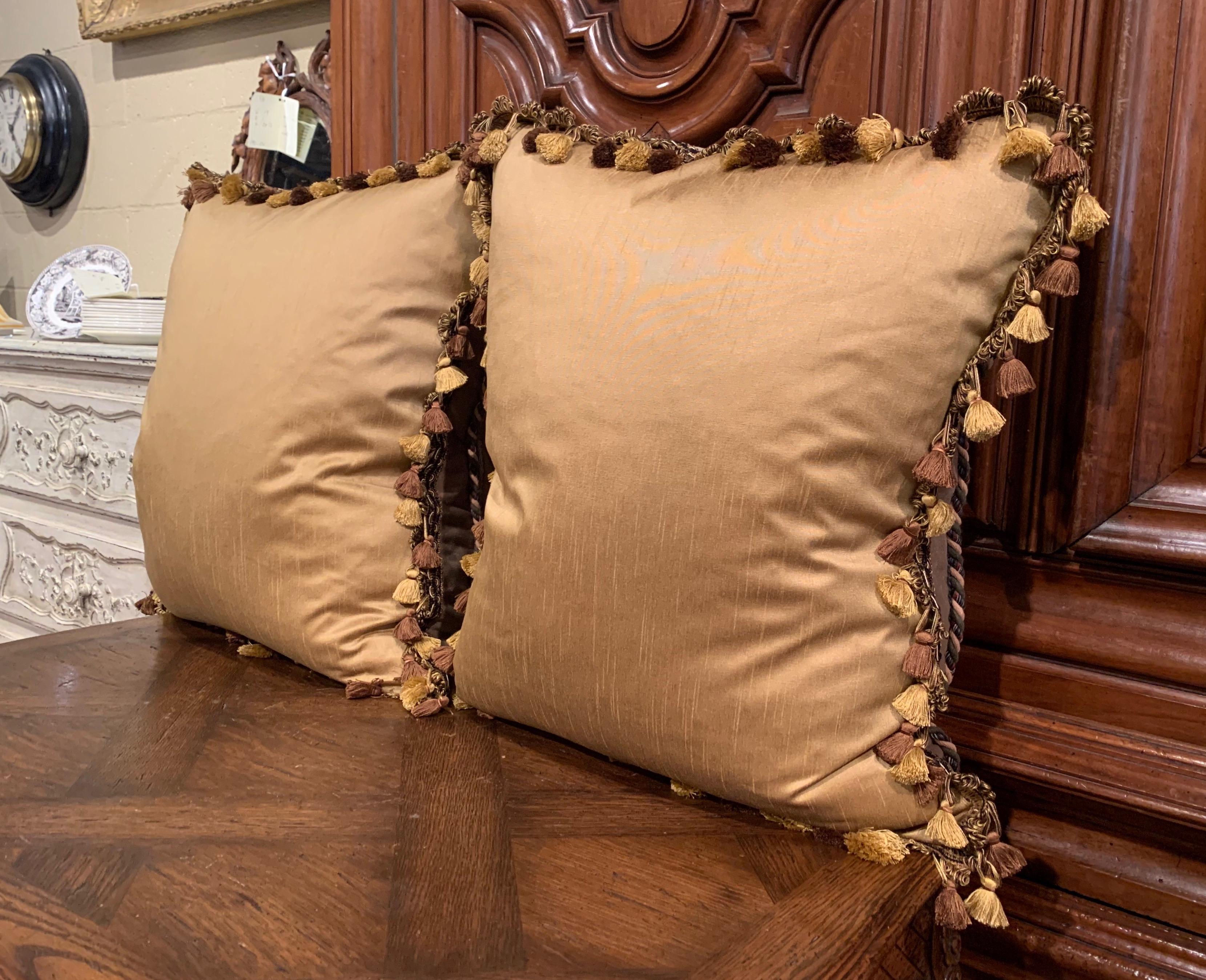 Pair of Down Pillows Made with 18th Century Aubusson Tapestry, Trim and Tassels 1