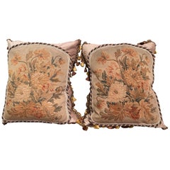 Antique Pair of Down Pillows Made with 18th Century Aubusson Tapestry, Trim and Tassels