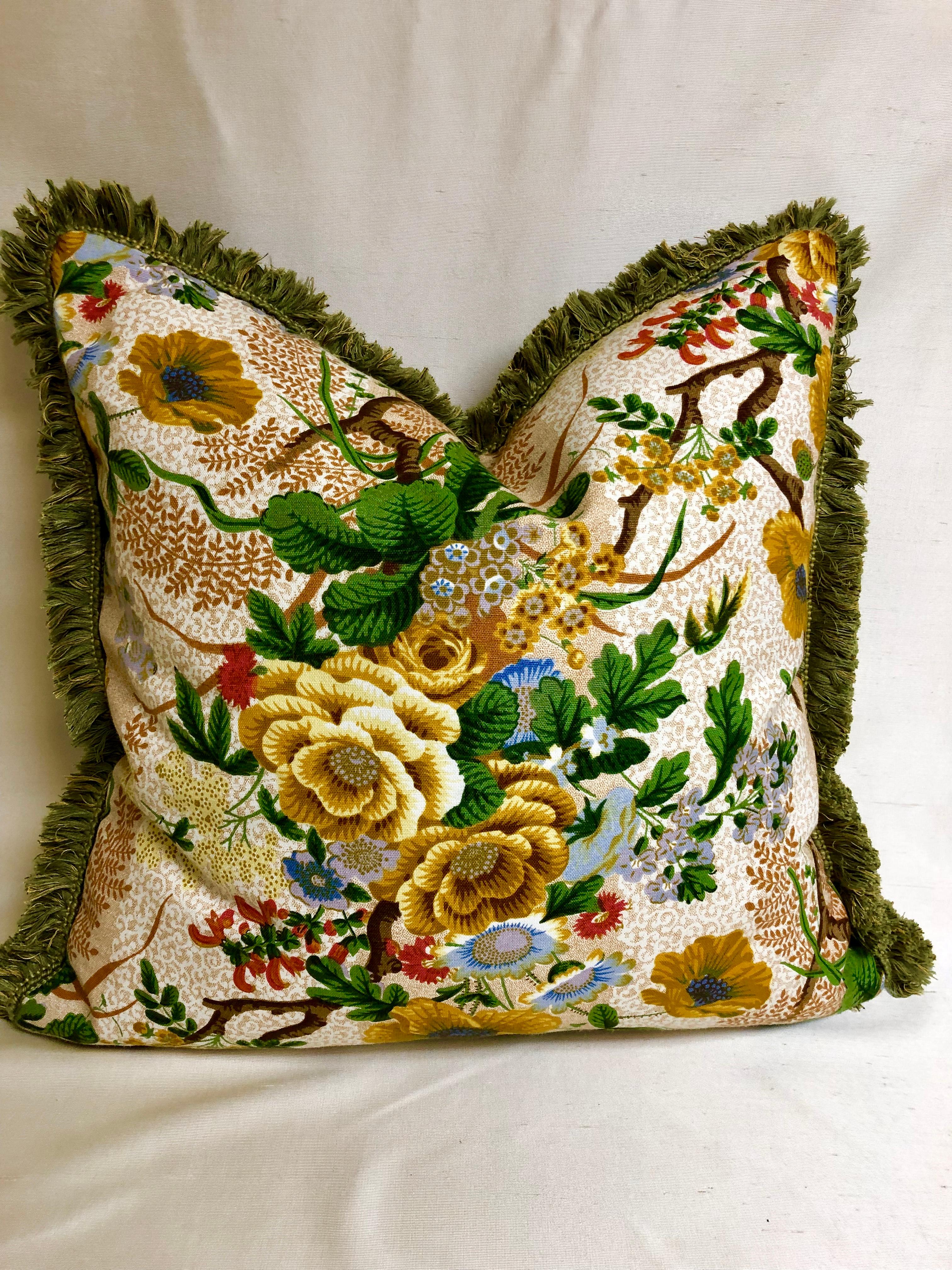 English Pair of Downfilled Floral Cushions with Brush Fringe