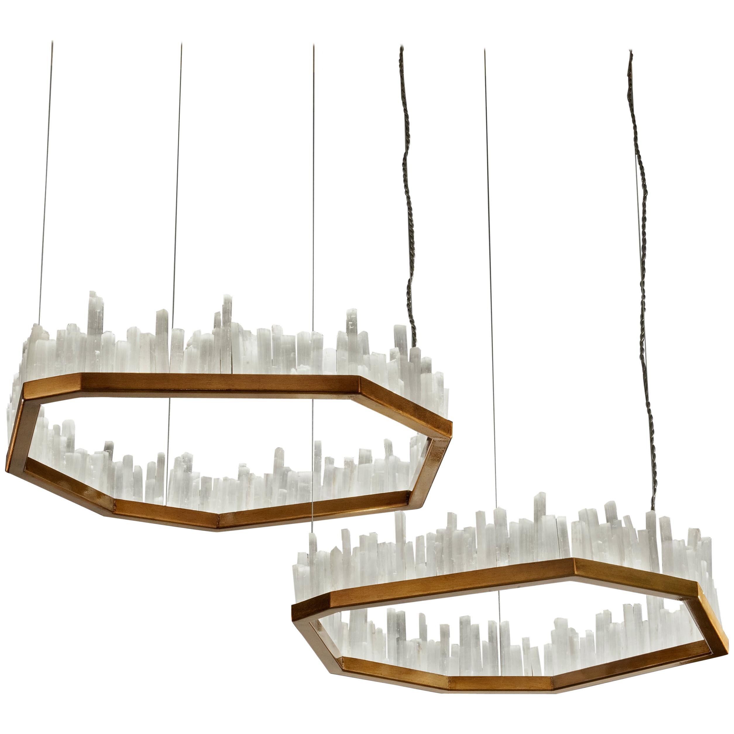 Pair of Downtowns, Natural Selenite Pendant Lamps