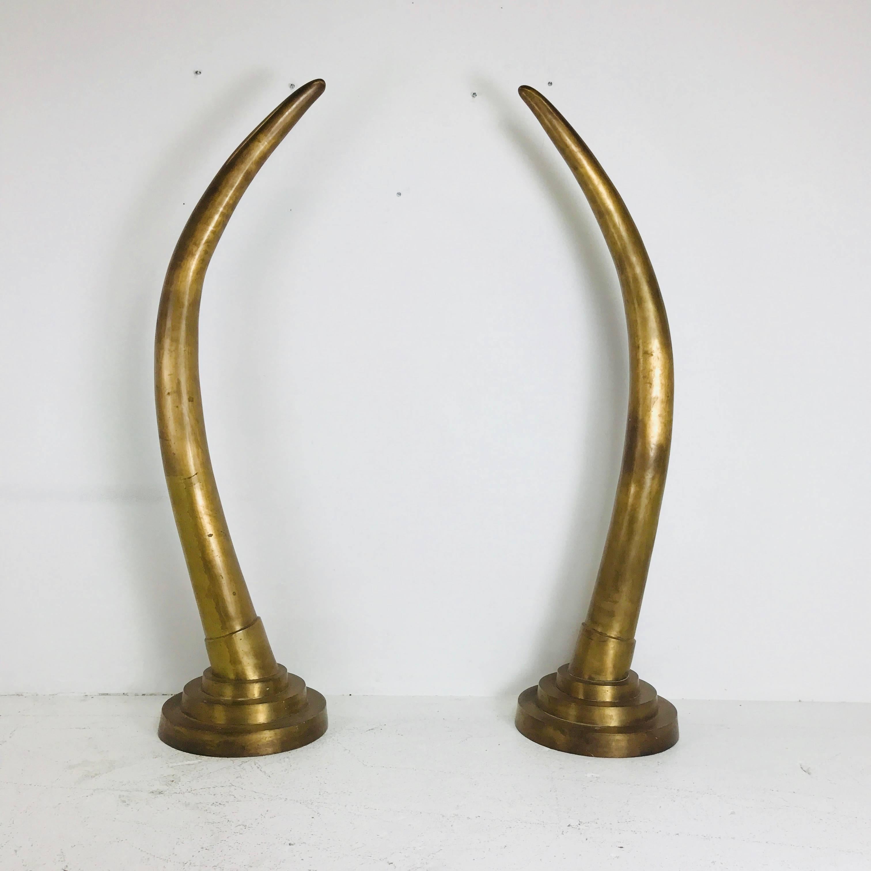 20th Century Pair of Dramatic Life-Size Brass Tusk Statues