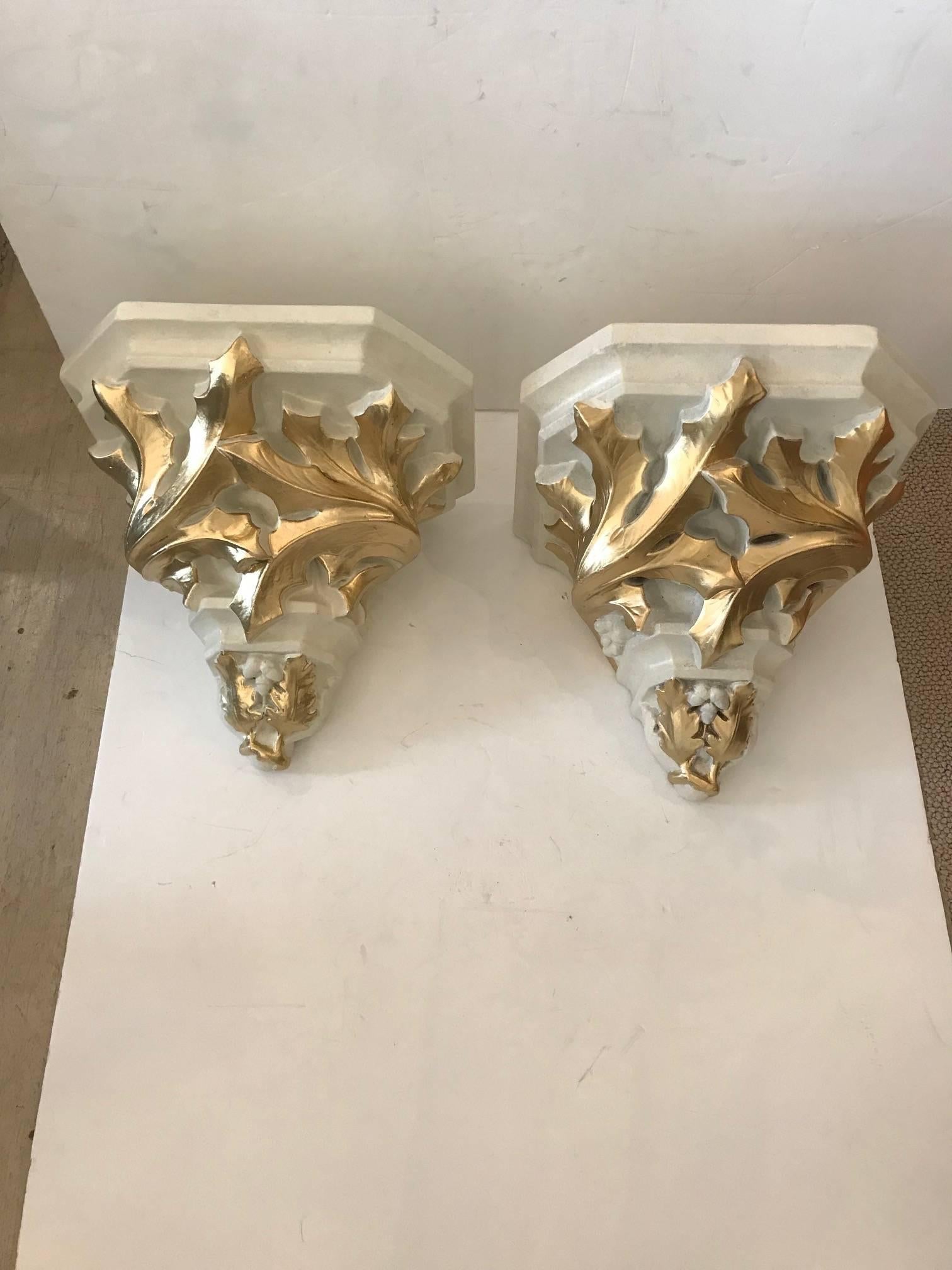 20th Century Pair of Dramatic Monumental French Cream and Gold Wall Brackets For Sale