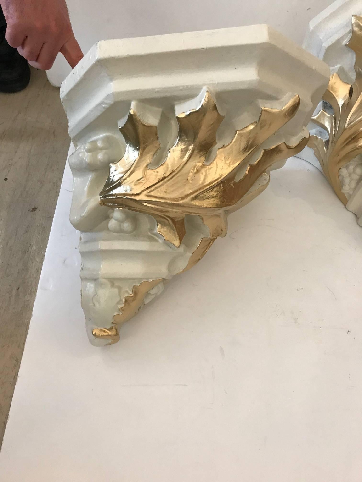 Terracotta Pair of Dramatic Monumental French Cream and Gold Wall Brackets For Sale