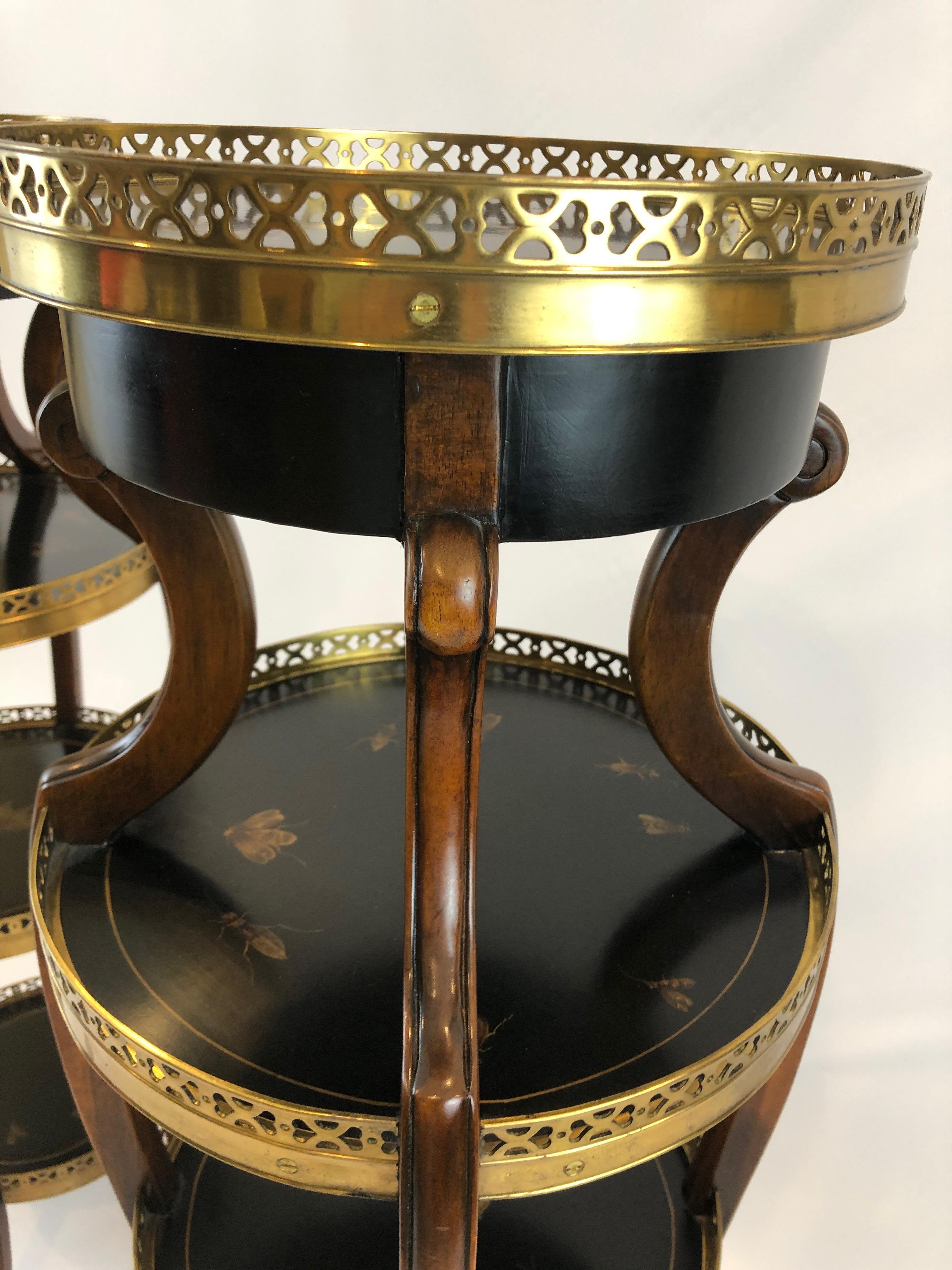 American Pair of Dramatic Theodore Alexander Hand Painted Ebonized Wood and Brass Stands