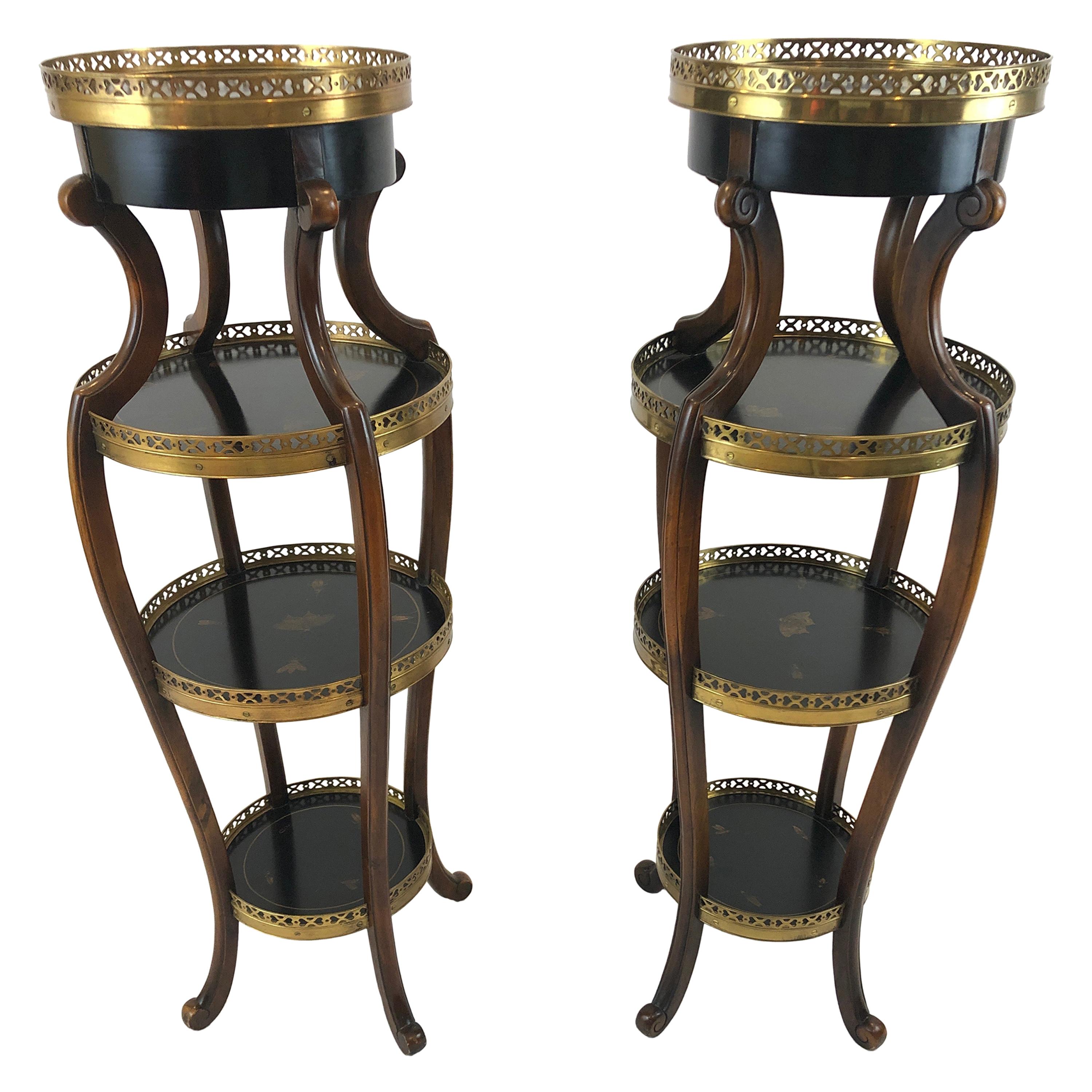 Pair of Dramatic Theodore Alexander Hand Painted Ebonized Wood and Brass Stands