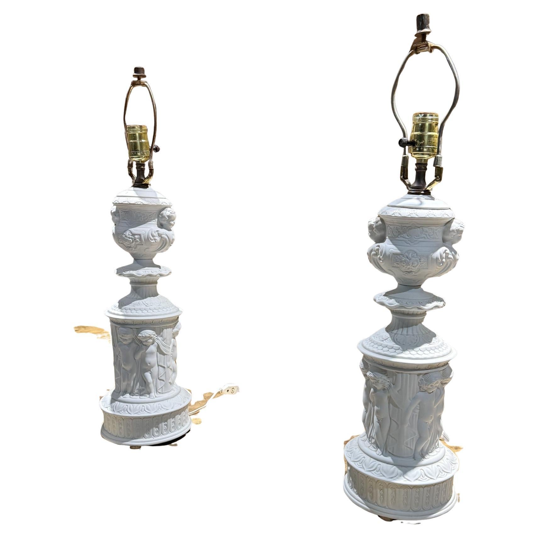Pair of Dresden Bisque Porcelain Cherub Table Lamps Neoclassical Germany For Sale