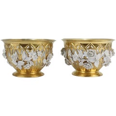 Pair of Dresden Gilt and Flower Encrusted Reticulated Fruit Bowls