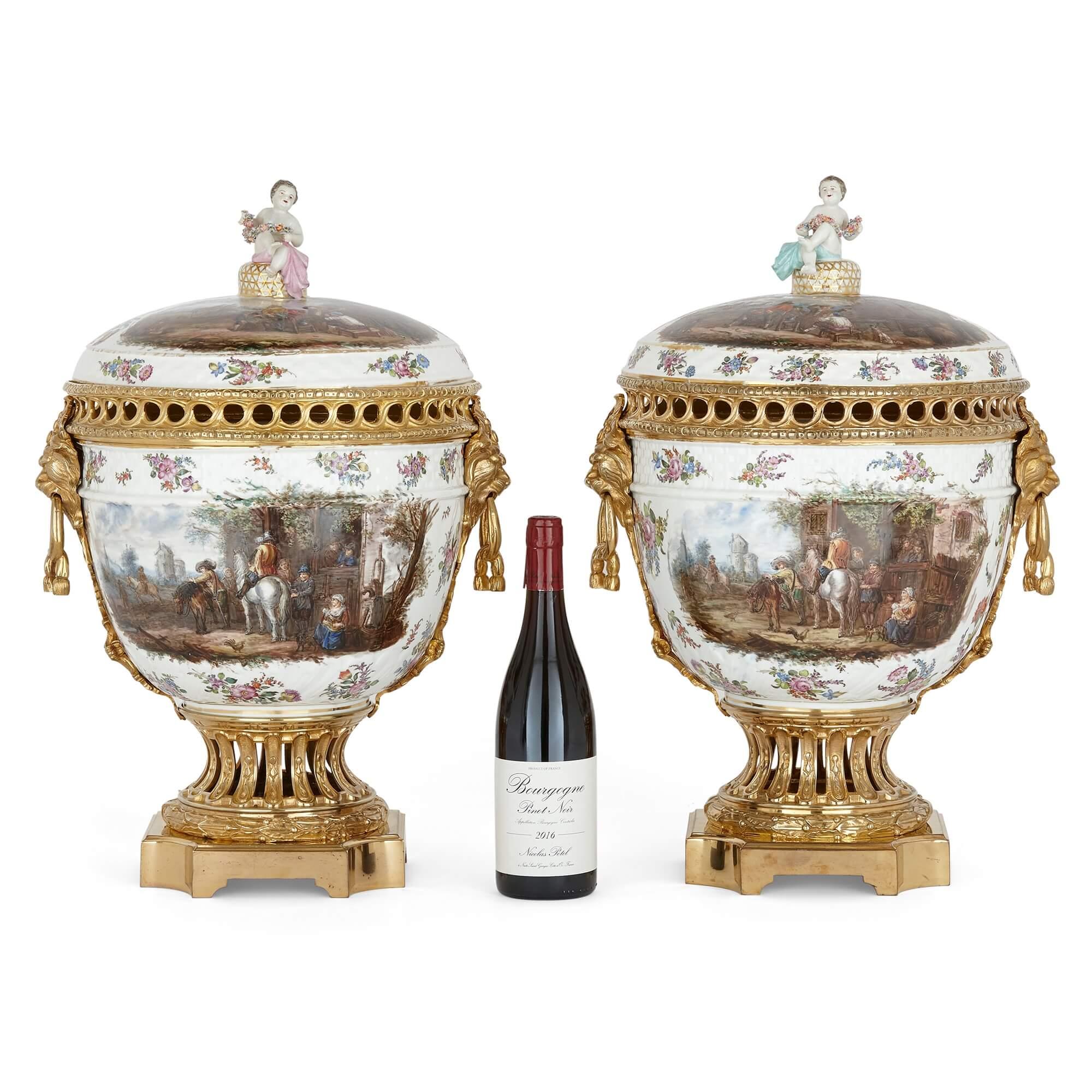 Pair of Dresden Porcelain and Gilt Bronze Vases For Sale 7