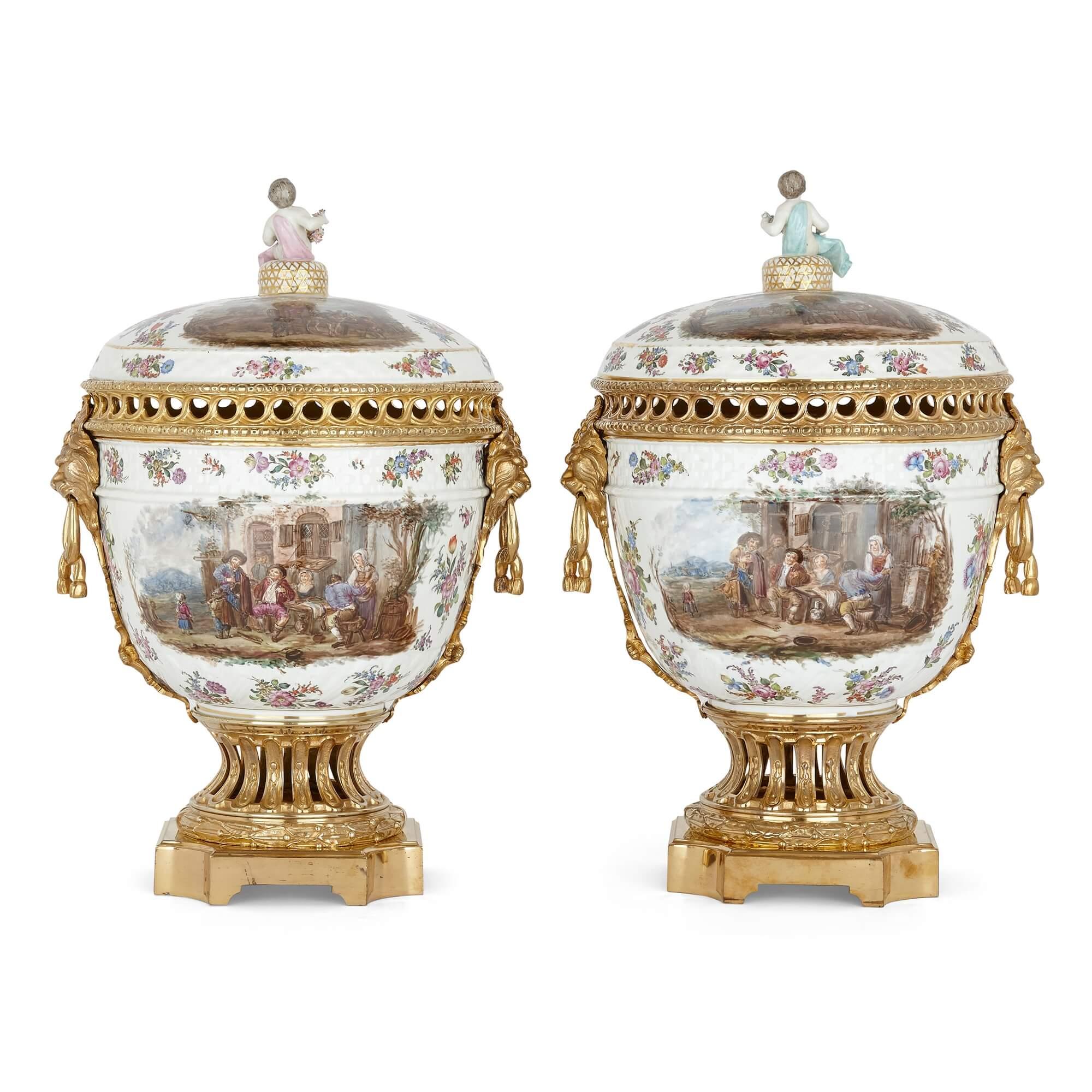 German Pair of Dresden Porcelain and Gilt Bronze Vases For Sale