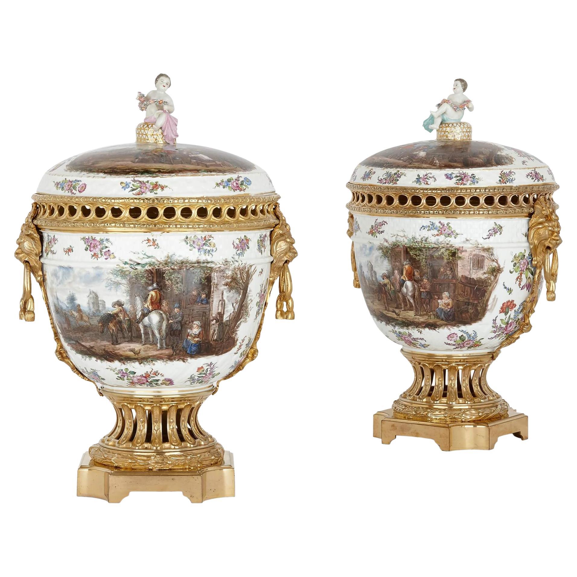 Pair of Dresden Porcelain and Gilt Bronze Vases For Sale