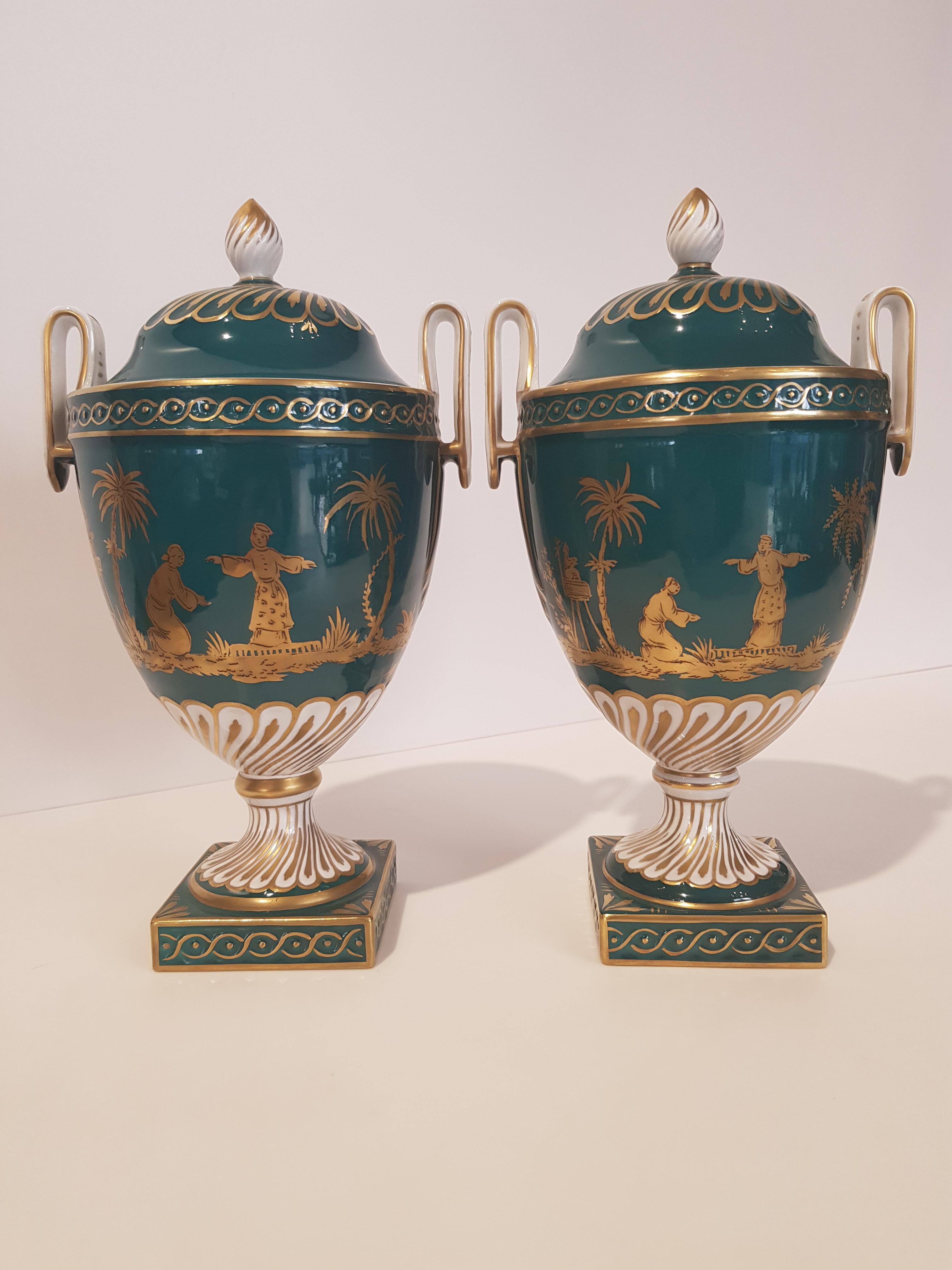 Baroque Green porcelain vases decorated with gold figures 1970s Dresden  For Sale