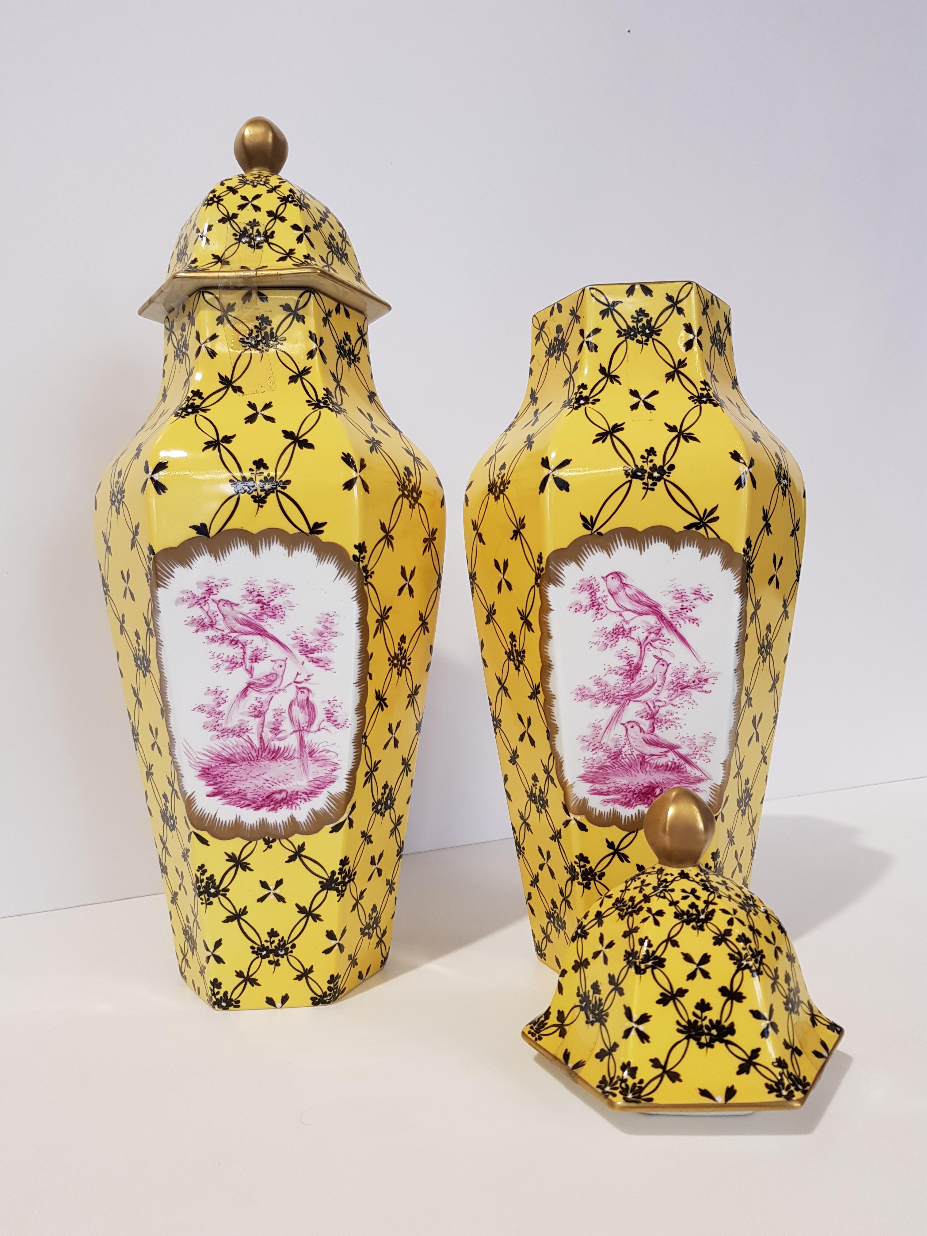 Baroque Porcelain Yellow couple vases decorated in pink and black of 1970s Dresden   For Sale