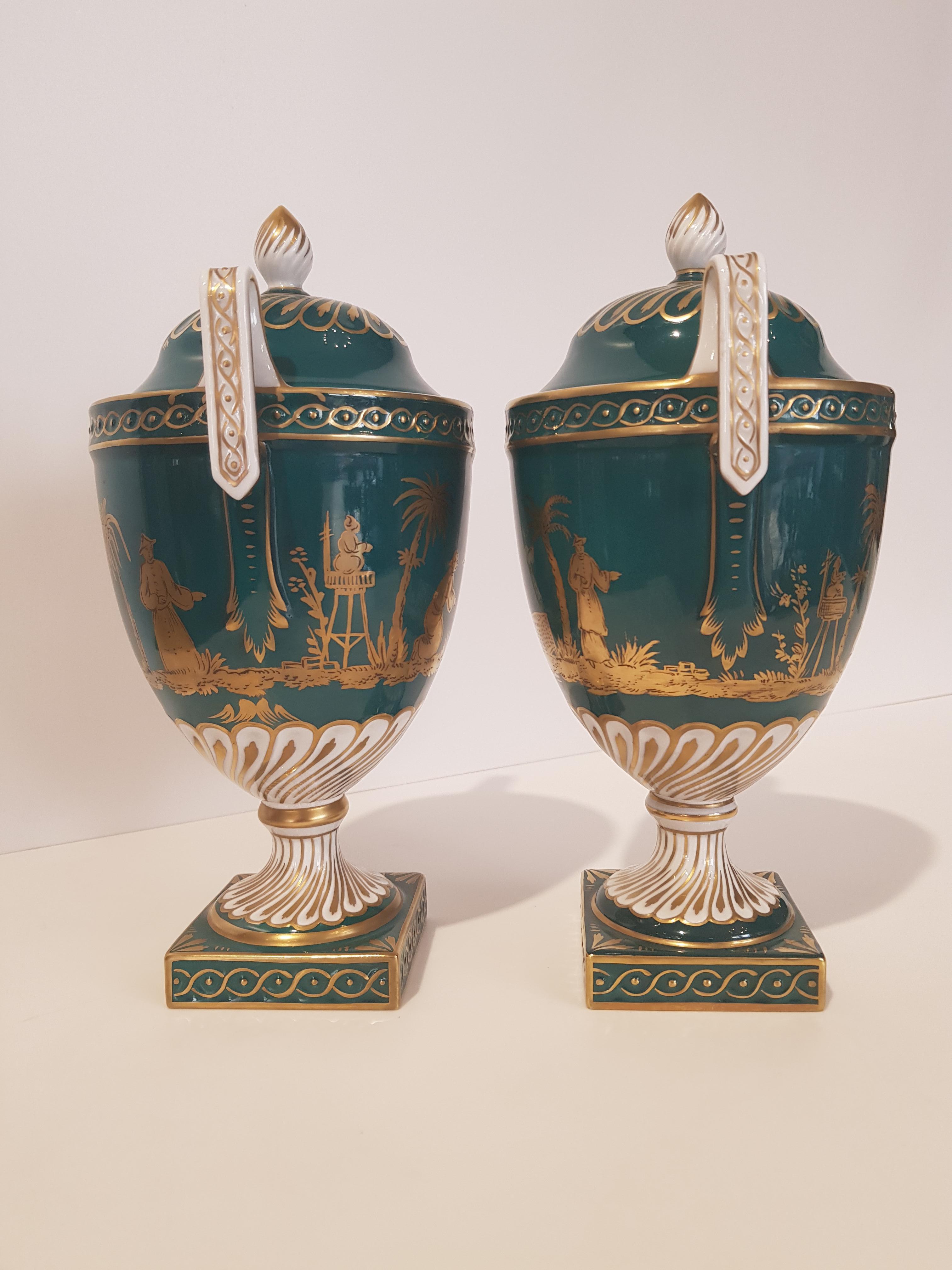 German Green porcelain vases decorated with gold figures 1970s Dresden  For Sale