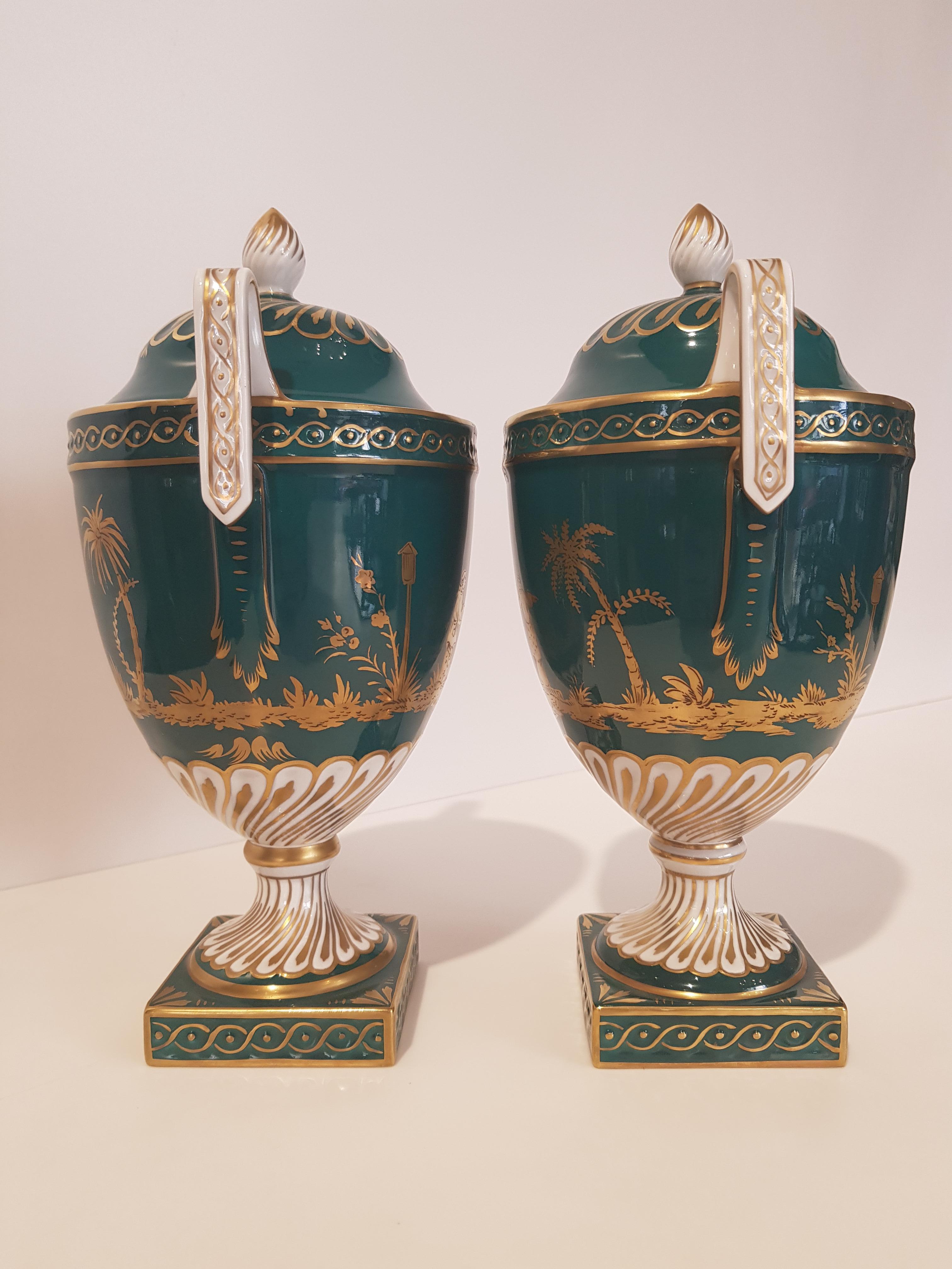 Hand-Painted Green porcelain vases decorated with gold figures 1970s Dresden  For Sale