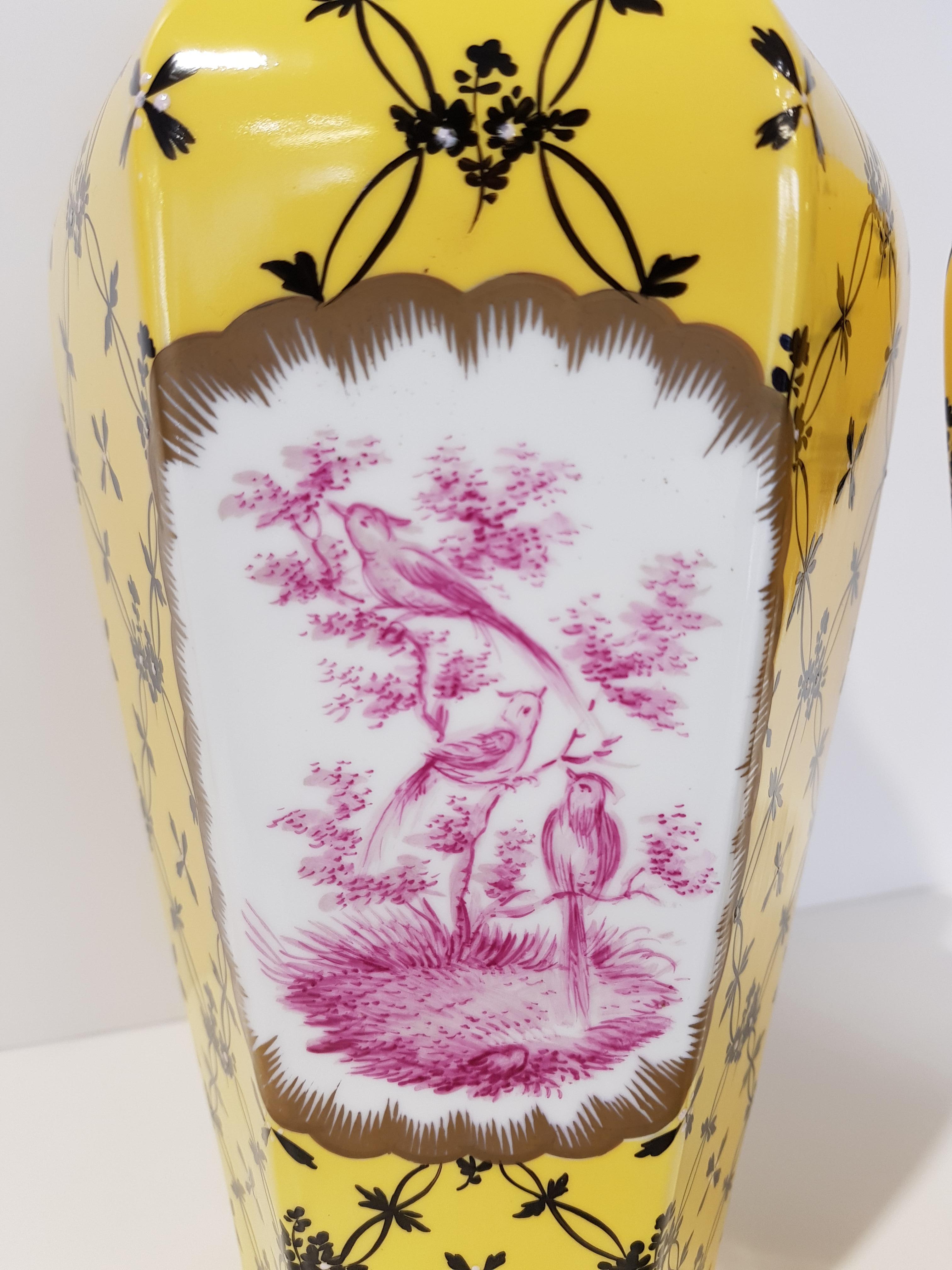 Hand-Crafted Porcelain Yellow couple vases decorated in pink and black of 1970s Dresden   For Sale