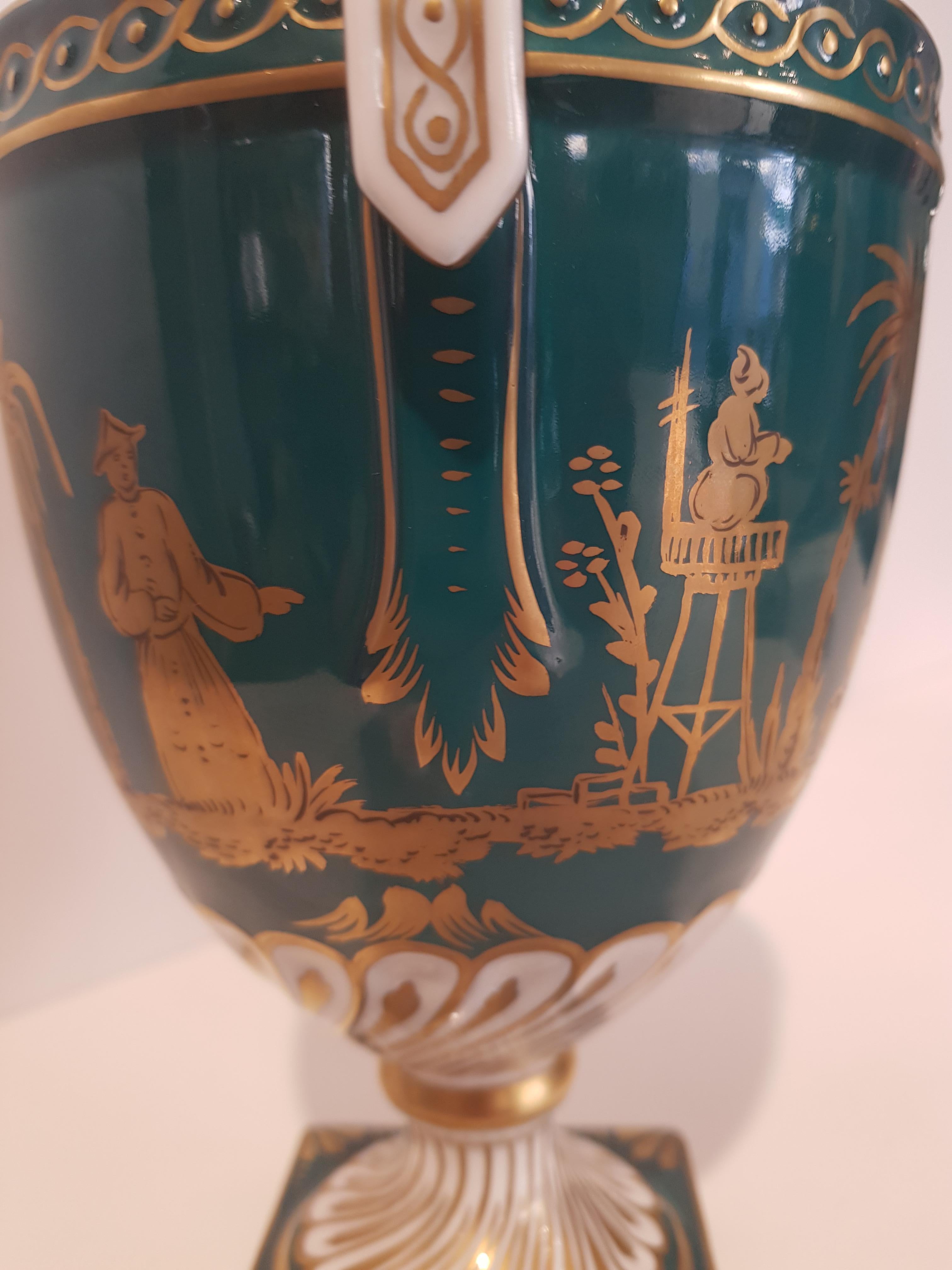 Late 20th Century Green porcelain vases decorated with gold figures 1970s Dresden  For Sale