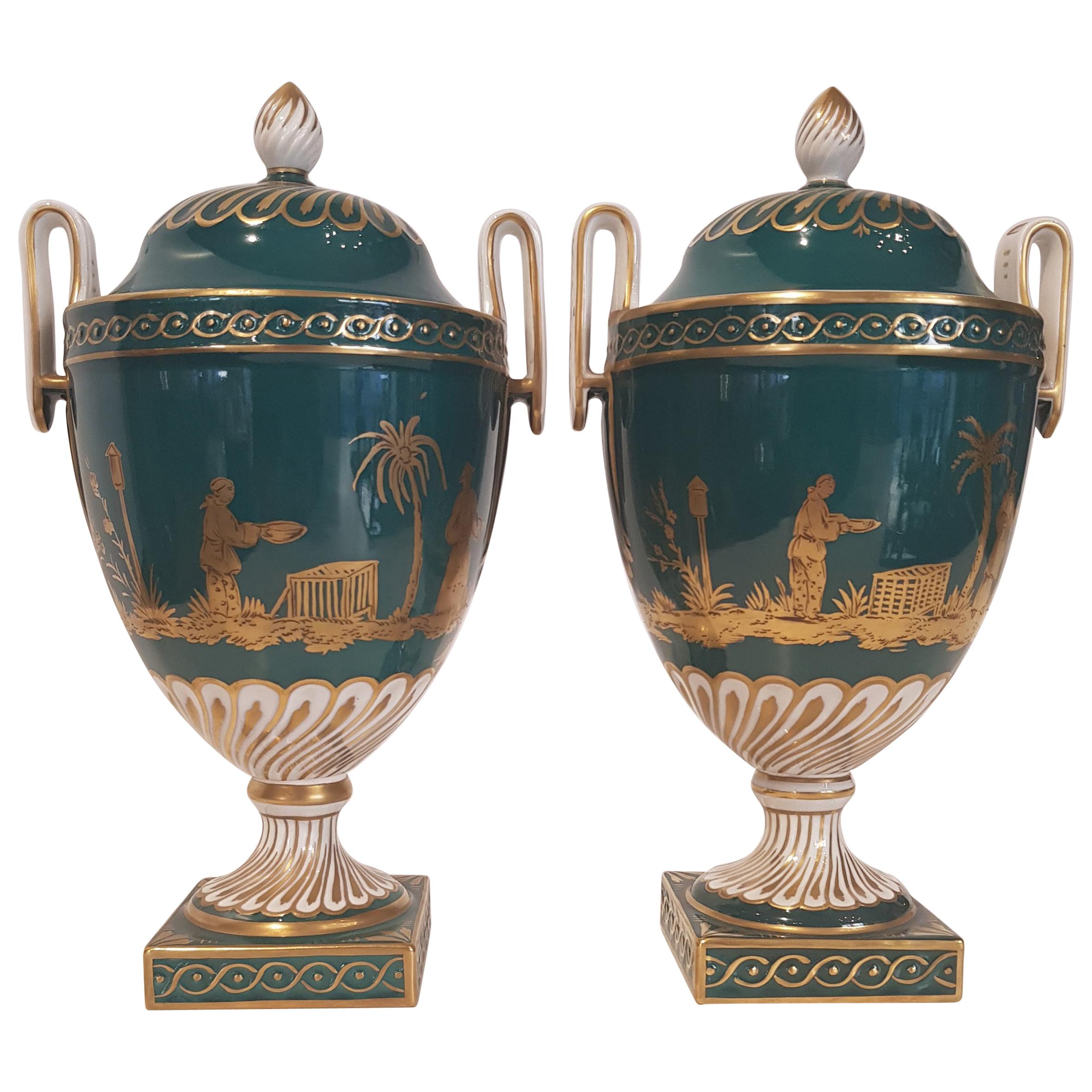 Green porcelain vases decorated with gold figures 1970s Dresden  For Sale