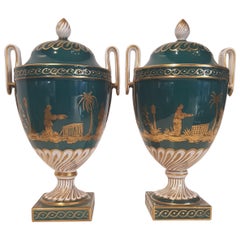 Green porcelain vases decorated with gold figures 1970s Dresden