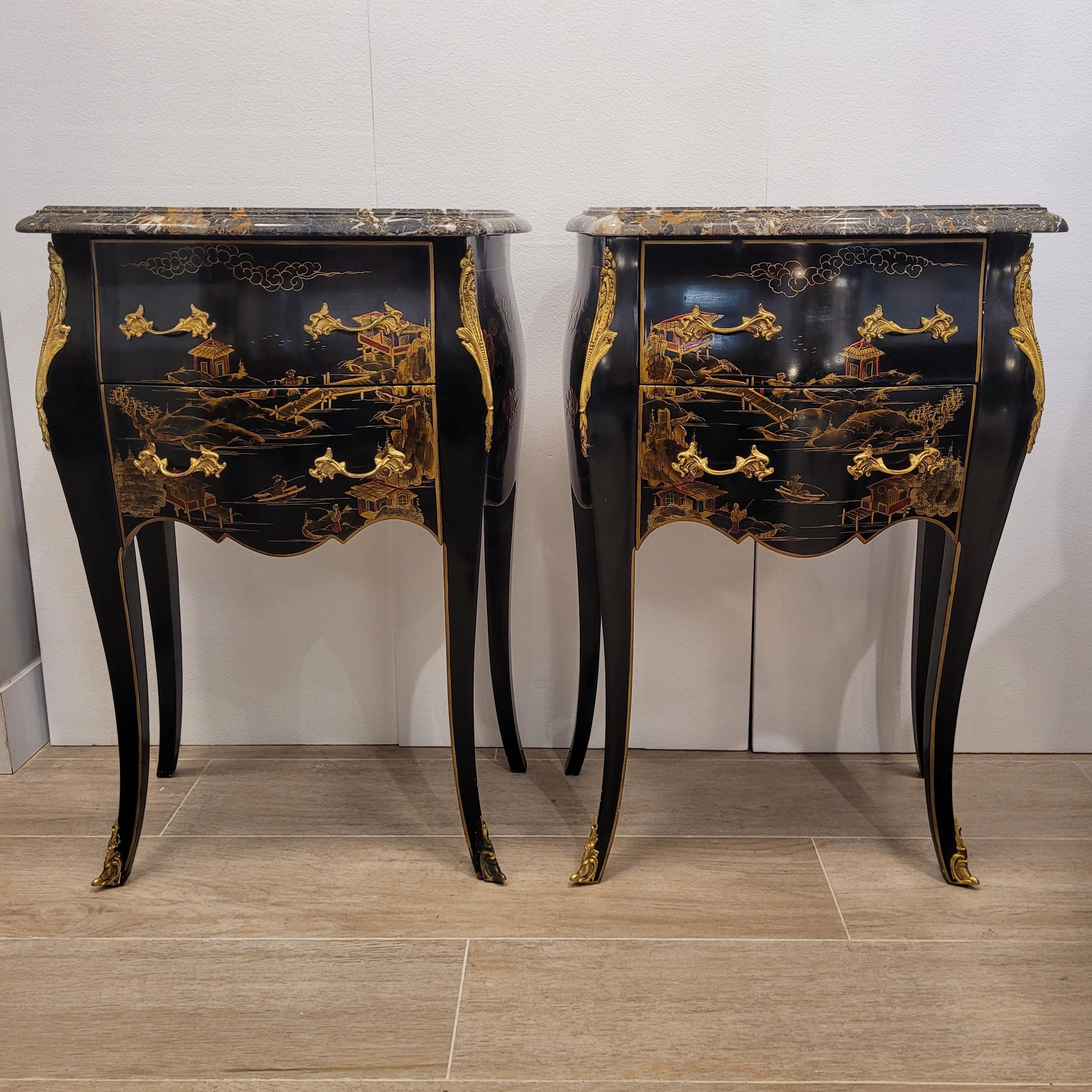 Gorgeous Pair of Chinoiserie Chests of Drawers Louis XV Style, 1910 – France

Exquisite pair of small Louis XV Chinoiserie chests of drawers, made around 1910 in France. Each features a stunning black St. Laurent marble top. It is characterised by