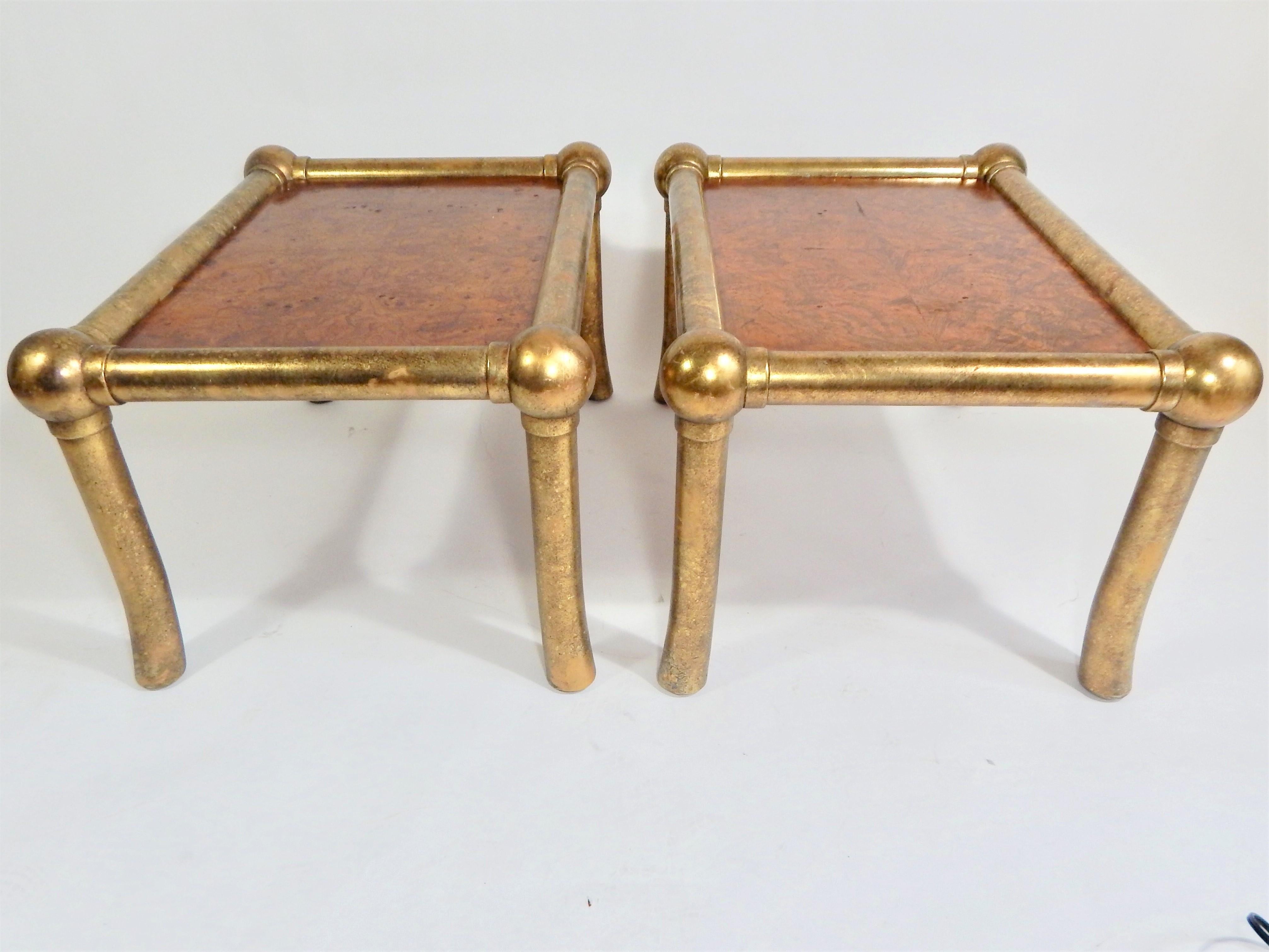 1970s midcentury Drexel burl wood and gilded gold end tables.