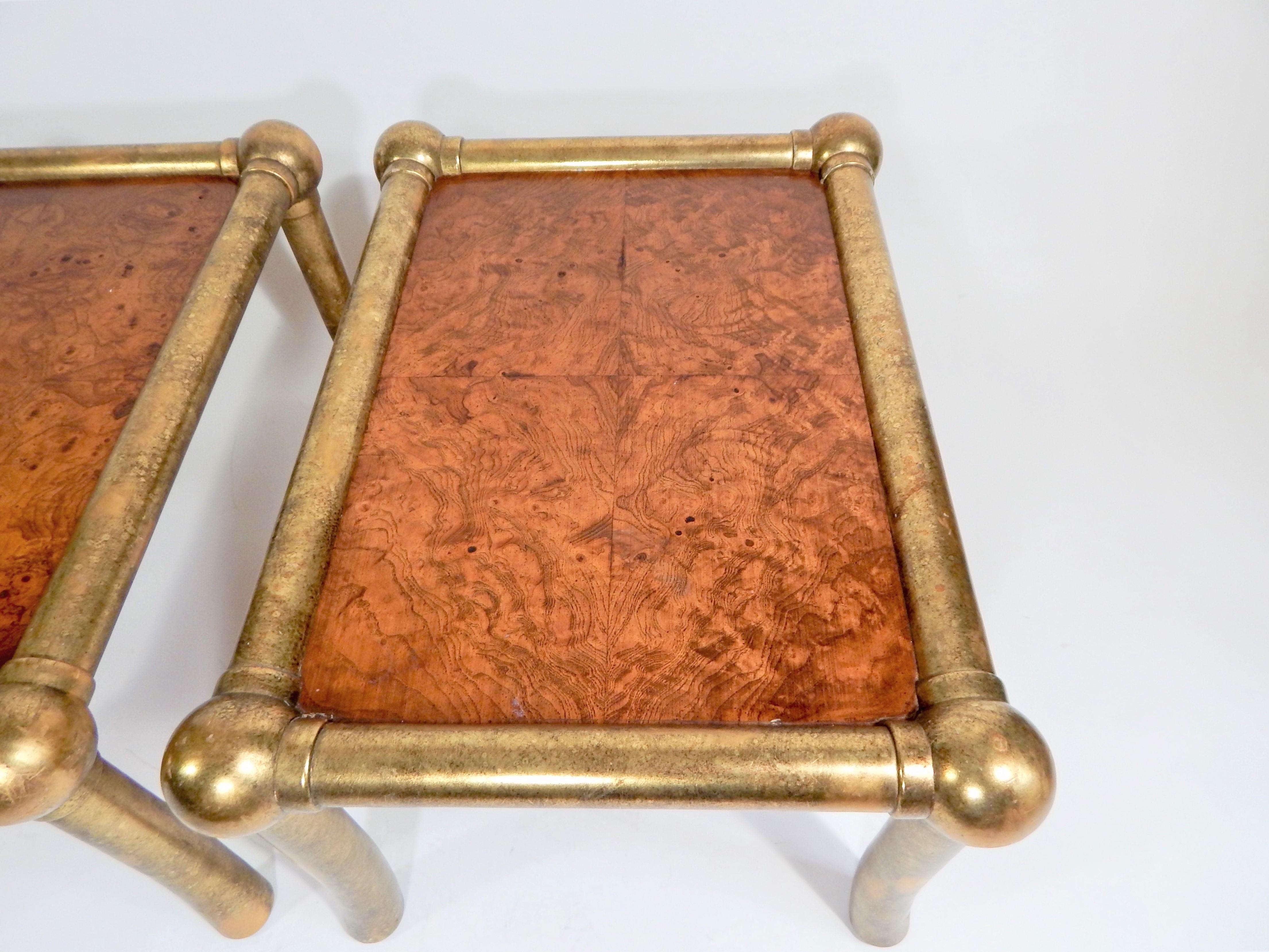 Pair of Drexel Burl and Gilt Gold End Tables In Good Condition For Sale In New York, NY