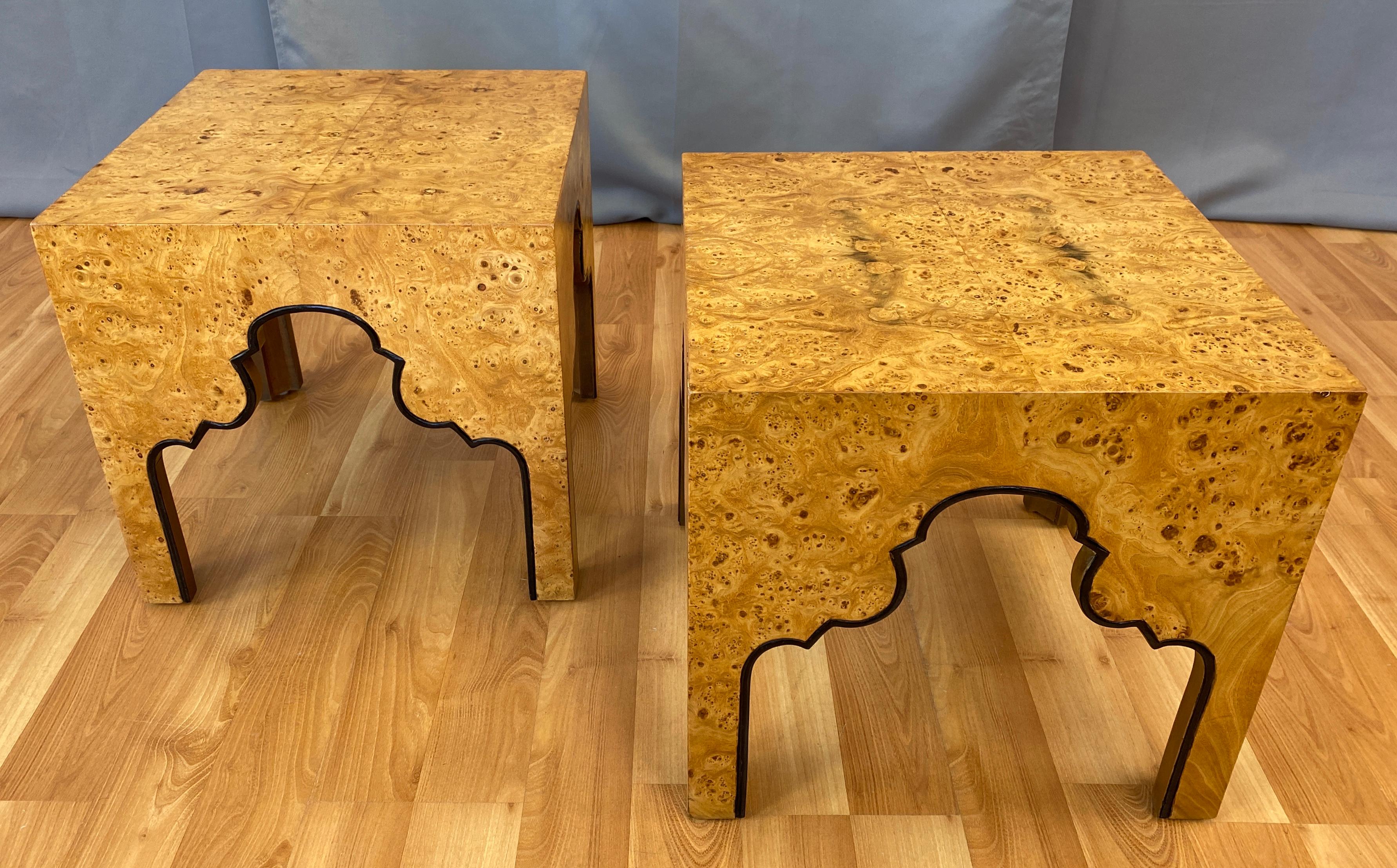 Modern Pair of Drexel Burled Carpathian Elm End Tables Repertoire Collection