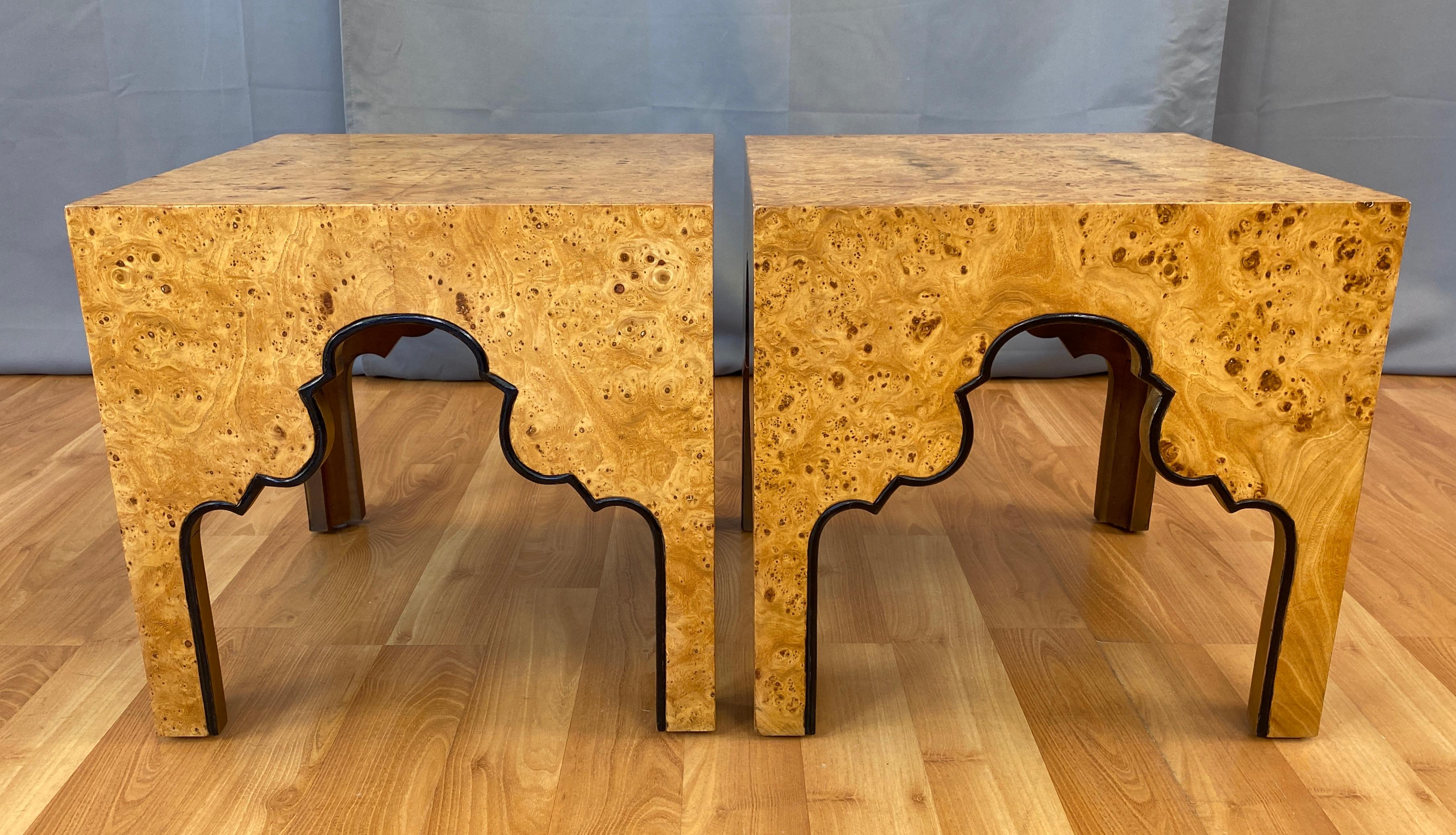 American Pair of Drexel Burled Carpathian Elm End Tables Repertoire Collection