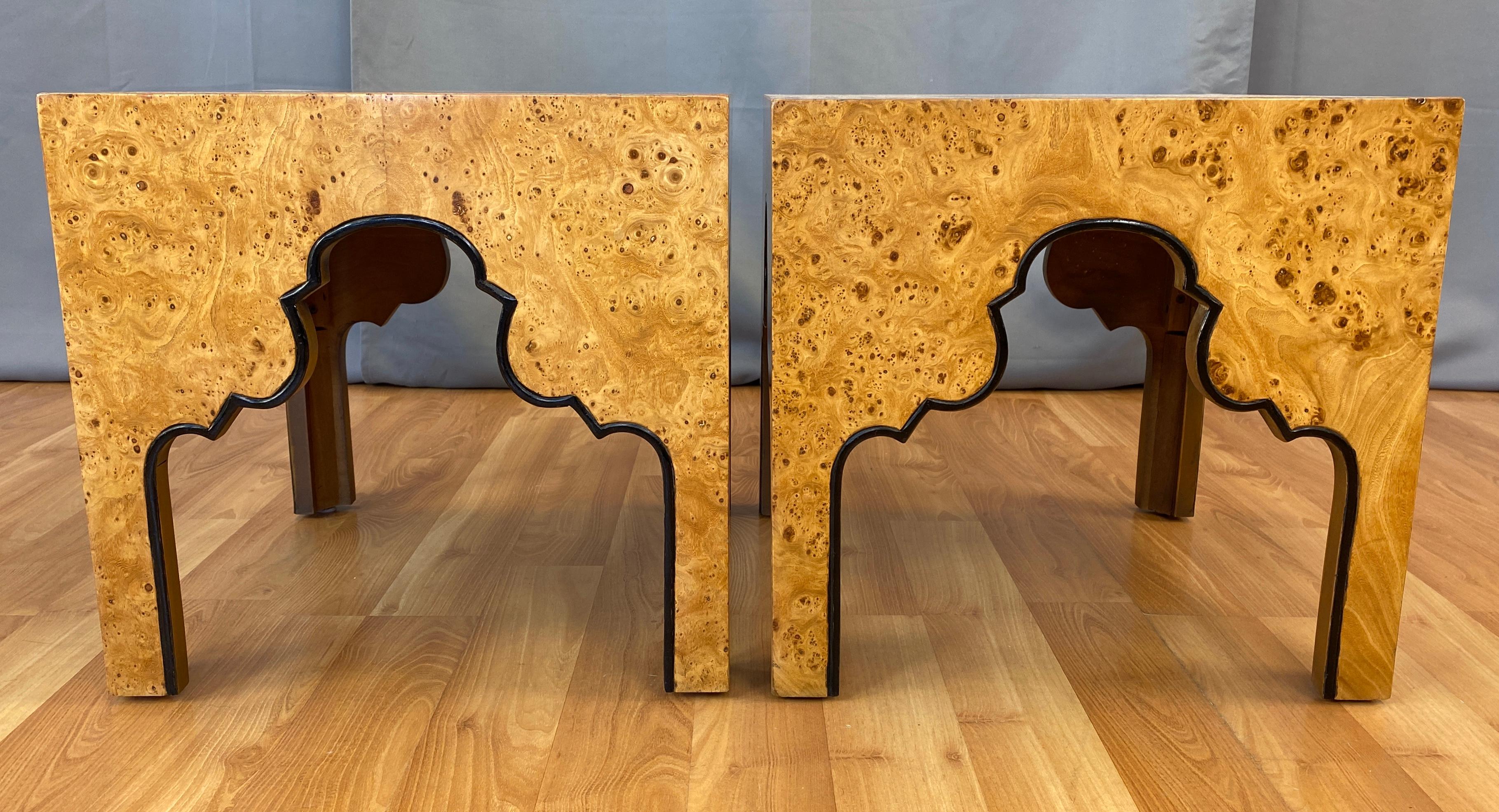 Pair of Drexel Burled Carpathian Elm End Tables Repertoire Collection In Good Condition In San Francisco, CA